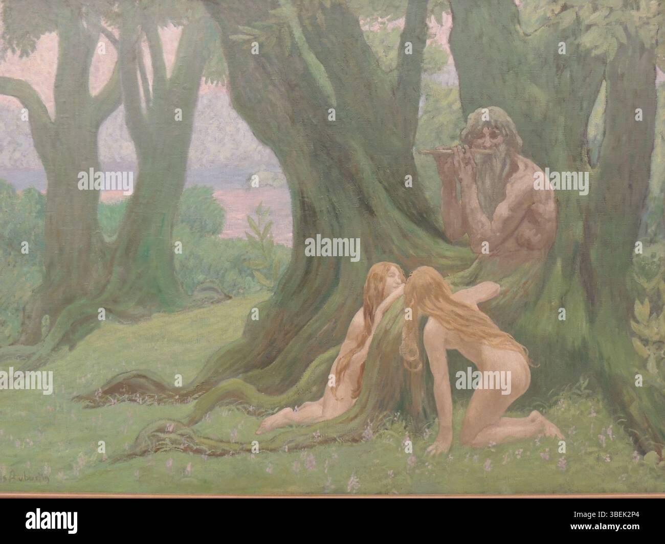 Tableau intitulé 'nocturne' de l'artiste français Jean Francis Auburtin (1866-1930), créé dans un style sombre et atmosphérique typique de ses œuvres paysagères. Banque D'Images