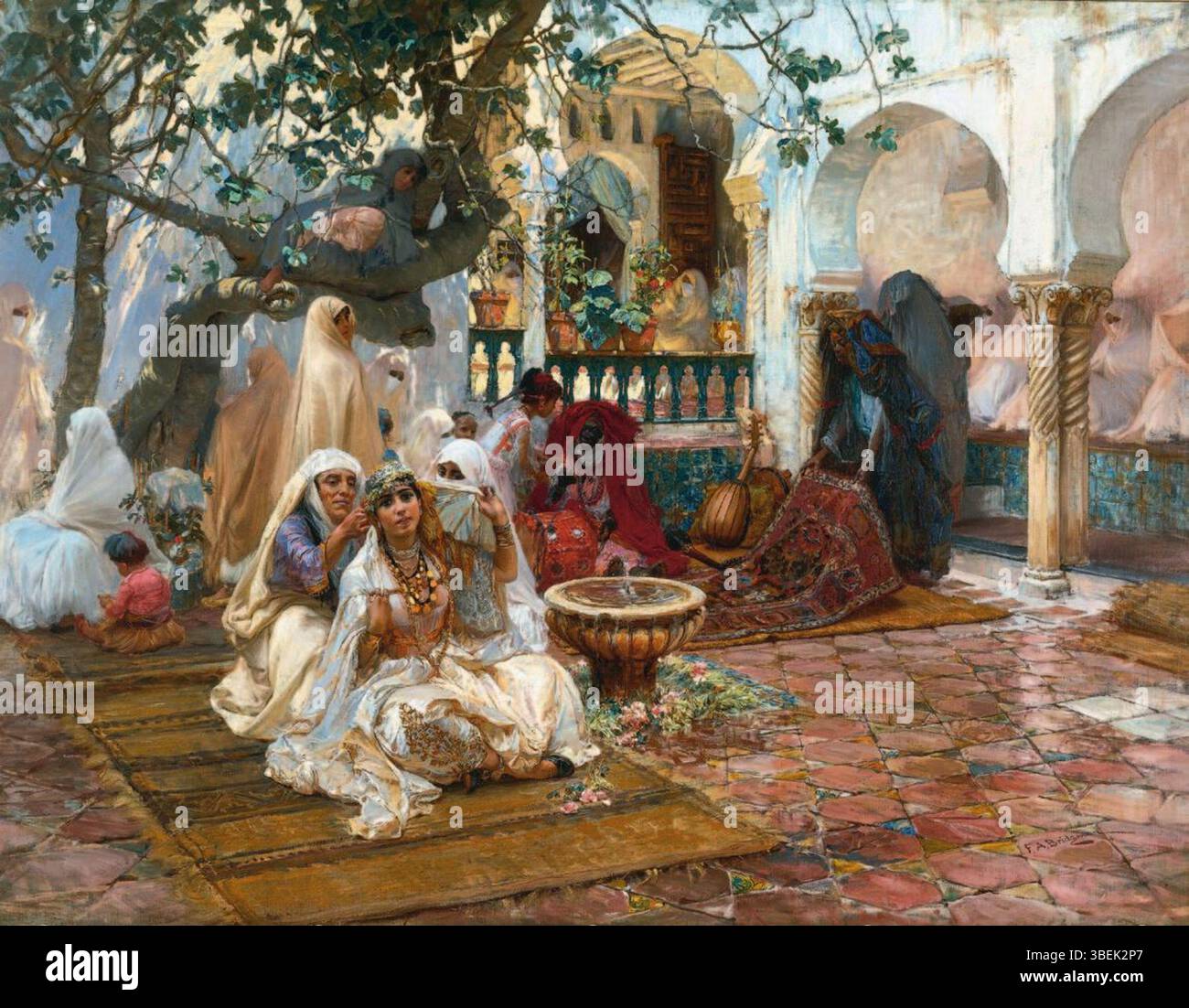 Le tableau de Frederick Arthur Bridgman "préparatifs pour le mariage, Alger" dépeint une scène de mariage nord-africaine traditionnelle. L’œuvre vibrante reflète l’intérêt de l’artiste pour la culture et la vie du moyen-Orient à la fin du XIXe siècle. Banque D'Images