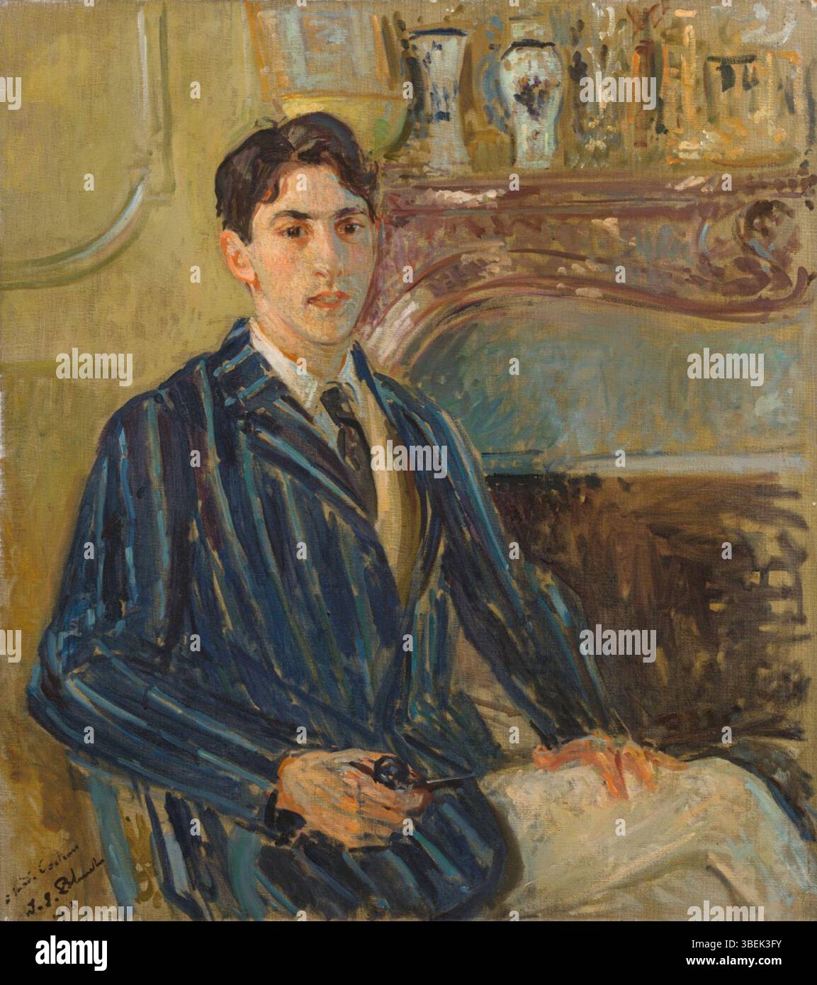 Ce portrait de Jean Cocteau réalisé en 1913 par Jacques-Émile Blanche, actuellement disponible chez Sotheby’s, capture l’essence unique de la personnalité de Cocteau. La pièce mélange les styles artistiques du début du XXe siècle, reflétant à la fois le réalisme et les tendances modernistes. Banque D'Images