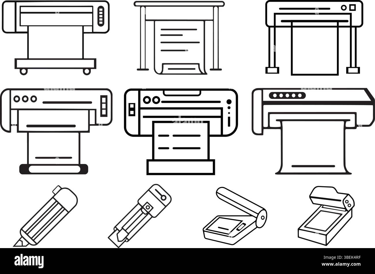 Ensemble d'icônes de ligne d'imprimante impression grand format, traceur, scanner, machine de découpe illustrations vectorielles minimales Illustration de Vecteur