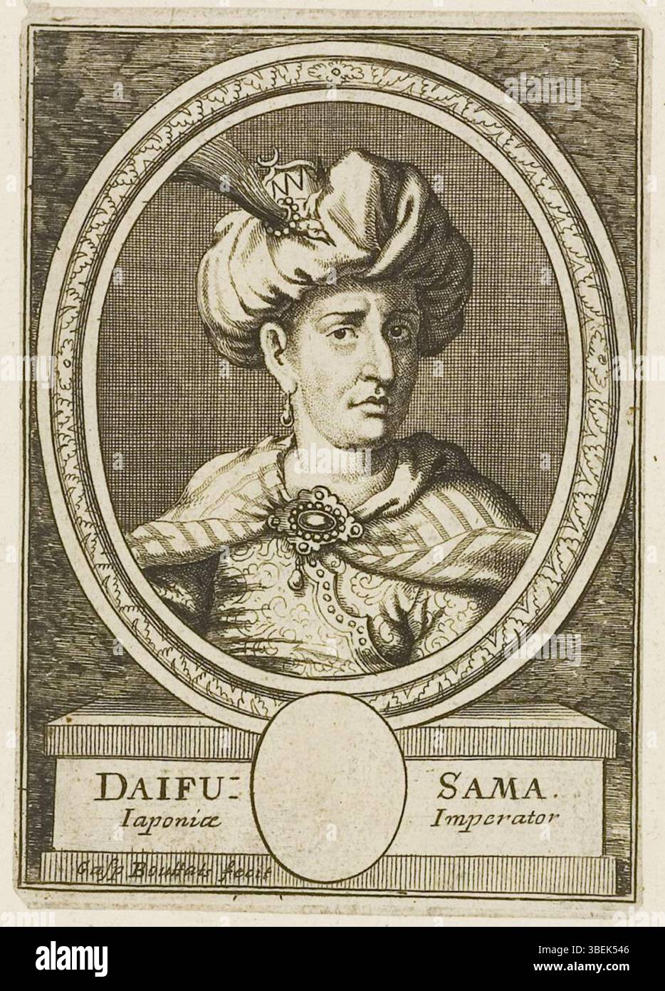 'Daifu Sama, Iaponiæ Imperator' de Gaspar Bouttats, gravure du XVIIe siècle, présente une interprétation visuelle d'un empereur japonais pendant la période Edo, capturant le style et la dignité de la figure. Banque D'Images