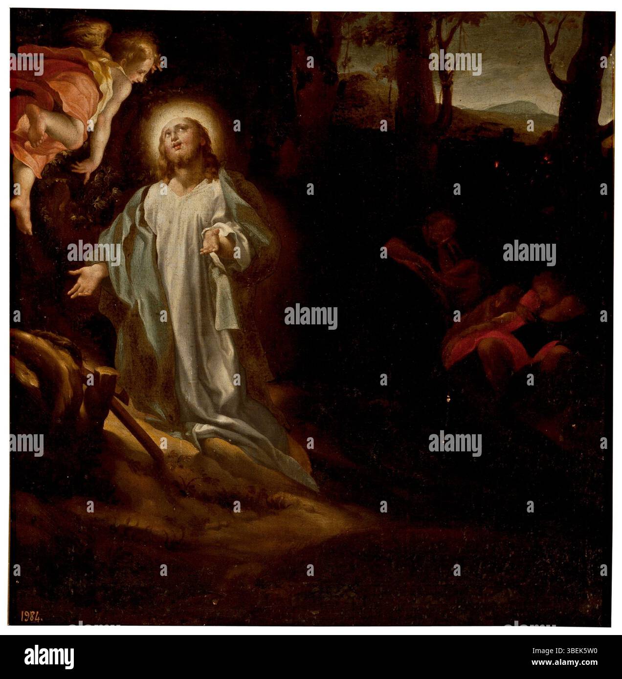 *Agony in the Garden*, copie du XVIe siècle de l'œuvre originale du Caravage, représente la prière du Christ dans le jardin avant son arrestation. Cette reproduction anonyme met en évidence l’utilisation dramatique de la lumière et de l’ombre caractéristique du style du Caravage. Banque D'Images