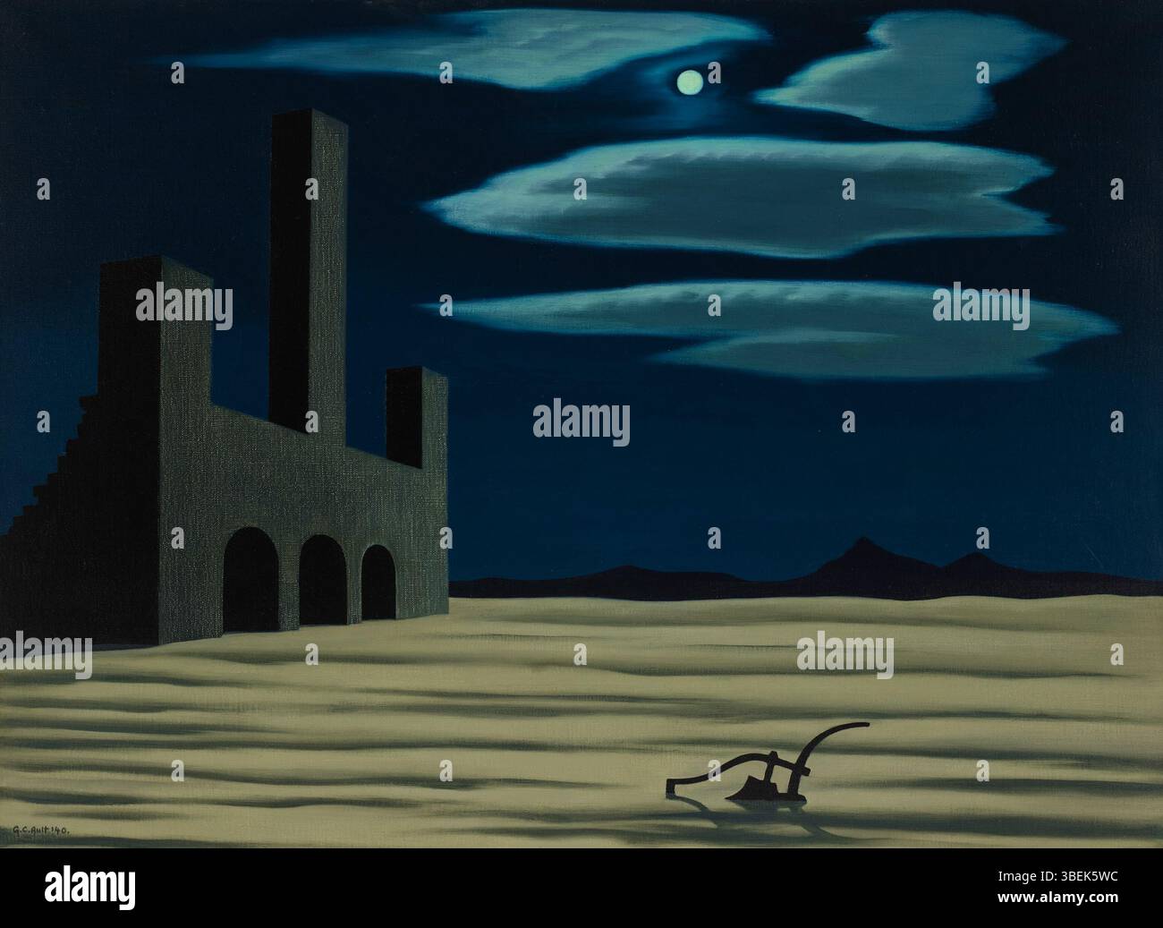 'The Plough and the Moon' (1940) de George Ault représente une scène nocturne rurale tranquille avec une charrue et la lune en arrière-plan. Le travail d'Ault est connu pour ses représentations sereines de paysages américains, souvent avec des éléments de calme et de solitude. Banque D'Images