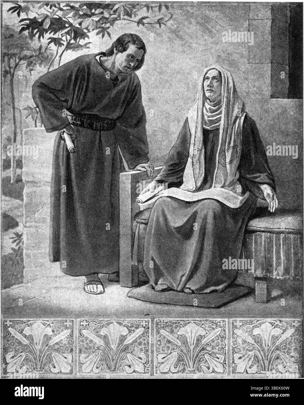 Une illustration de Philipp Schumacher de l'édition de 1911 de 'de Volks-Missionaris', représentant Marie avec Jean après l'Ascension du Christ. L'œuvre est une pièce religieuse reflétant des thèmes chrétiens. Banque D'Images
