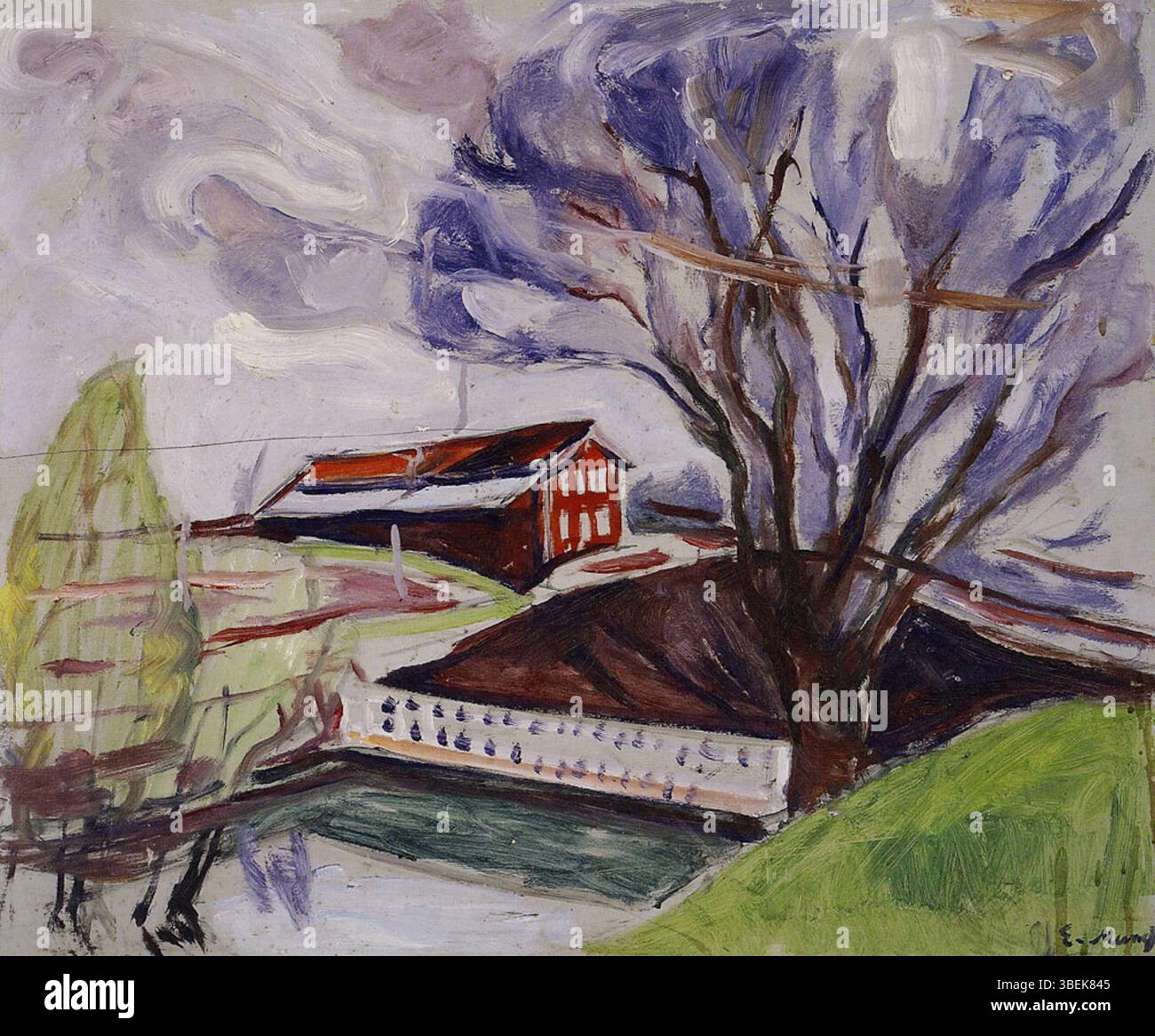 *The Red House* (1926–1930) d’Edvard Munch présente un bâtiment rouge saisissant sur fond rural tranquille. L’utilisation de couleurs vives par Munch contraste avec le paysage serein, reflétant un mélange de symbolisme personnel et environnemental. Banque D'Images *The Red House* (1926–1930) d’Edvard Munch présente un bâtiment rouge saisissant sur fond rural tranquille. L’utilisation de couleurs vives par Munch contraste avec le paysage serein, reflétant un mélange de symbolisme personnel et environnemental. Banque D'Images