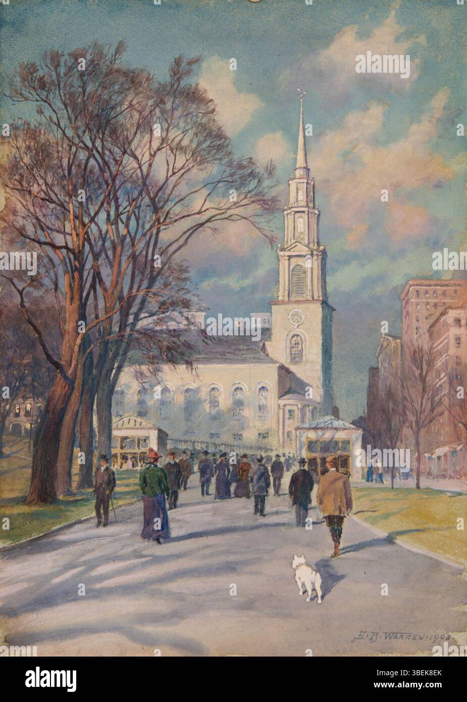 Cette aquarelle de Harold Broadfield Warren (1859-1934) représente Park Street Church, mettant en valeur des éléments architecturaux détaillés dans une combinaison d'aquarelle et de gouache. La peinture, créée en décembre 1903, mesure 13 3/4 x 9 13/16 pouces et fait partie de la Morton and Marie Bradley Memorial Collection au Eskenazi Museum of Art, Université de l'Indiana. Banque D'Images Cette aquarelle de Harold Broadfield Warren (1859-1934) représente Park Street Church, mettant en valeur des éléments architecturaux détaillés dans une combinaison d'aquarelle et de gouache. La peinture, créée en décembre 1903, mesure 13 3/4 x 9 13/16 pouces et fait partie de la Morton and Marie Bradley Memorial Collection au Eskenazi Museum of Art, Université de l'Indiana. Banque D'Images