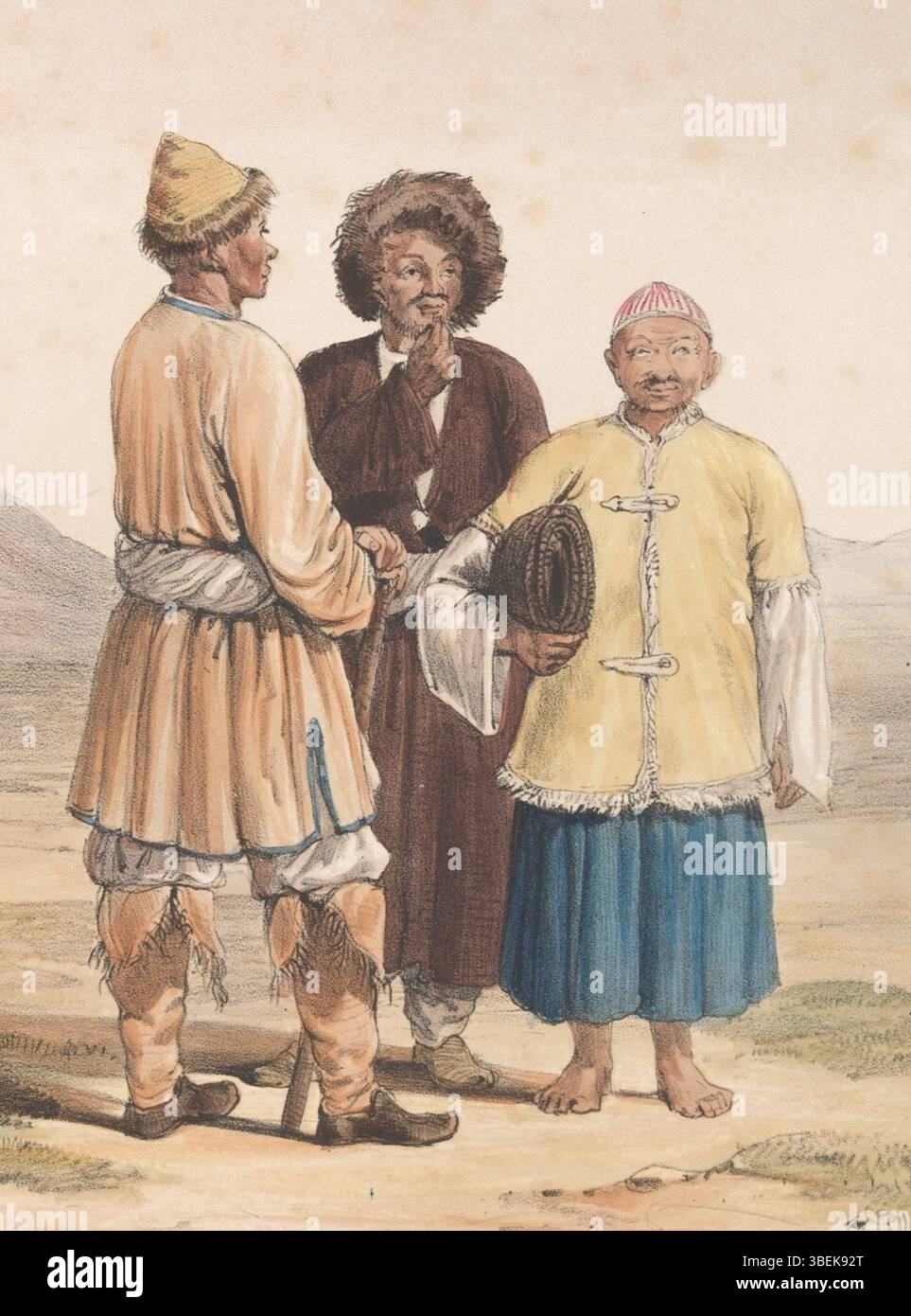 Cette deuxième représentation de James Atkinson, peinte en 1840, représente des hommes Hazara de villages près de Ghazni, en Afghanistan. La représentation détaillée des traits et des vêtements des hommes reflète le vif intérêt de l’artiste pour documenter les caractéristiques physiques et les traditions du peuple Hazara. Banque D'Images