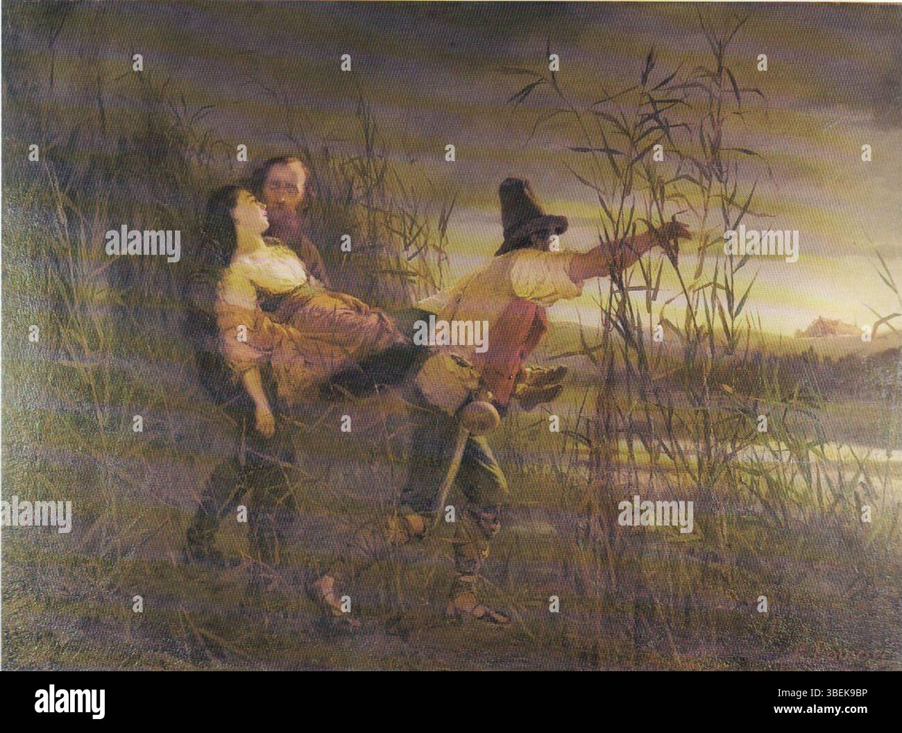 Cette œuvre du XIXe siècle de Pietro Bouvier représente Giuseppe Garibaldi et le major Leggero fuyant alors qu'ils portaient Anita Garibaldi mourante, un moment important de l'unification italienne. La scène capture un moment charnière dans la vie de Garibaldi. Banque D'Images