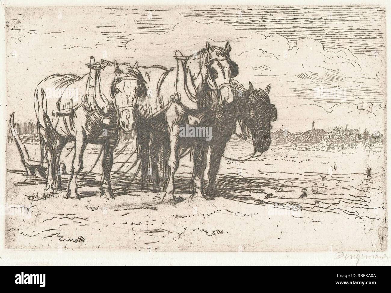 Cette peinture de Waalko Jans Dingemans Sr., créée après 1900, représente des chevaux de trait dans un paysage rural. Le travail capture l'importance des chevaux dans la vie agricole et rurale aux pays-Bas pendant cette période. Banque D'Images