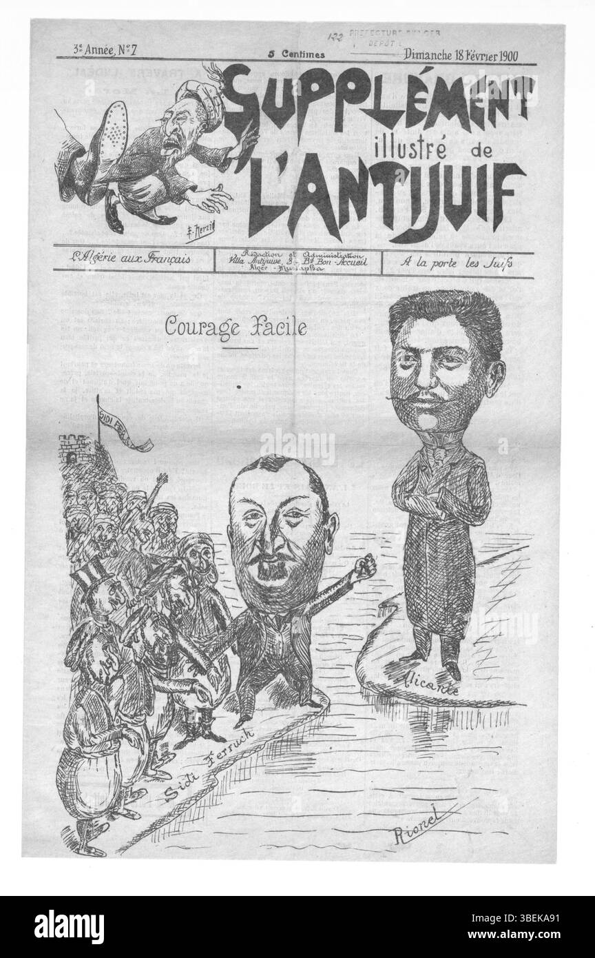 Le 'Supplément illustré de l'Antijuif algérien' du 18 février 1900 continue d'aborder les attitudes antisémites dans l'Algérie coloniale. Ce numéro comprend des articles et des illustrations qui examinent les questions sociales et politiques touchant les communautés juives et la relation franco-algérienne plus large. Banque D'Images