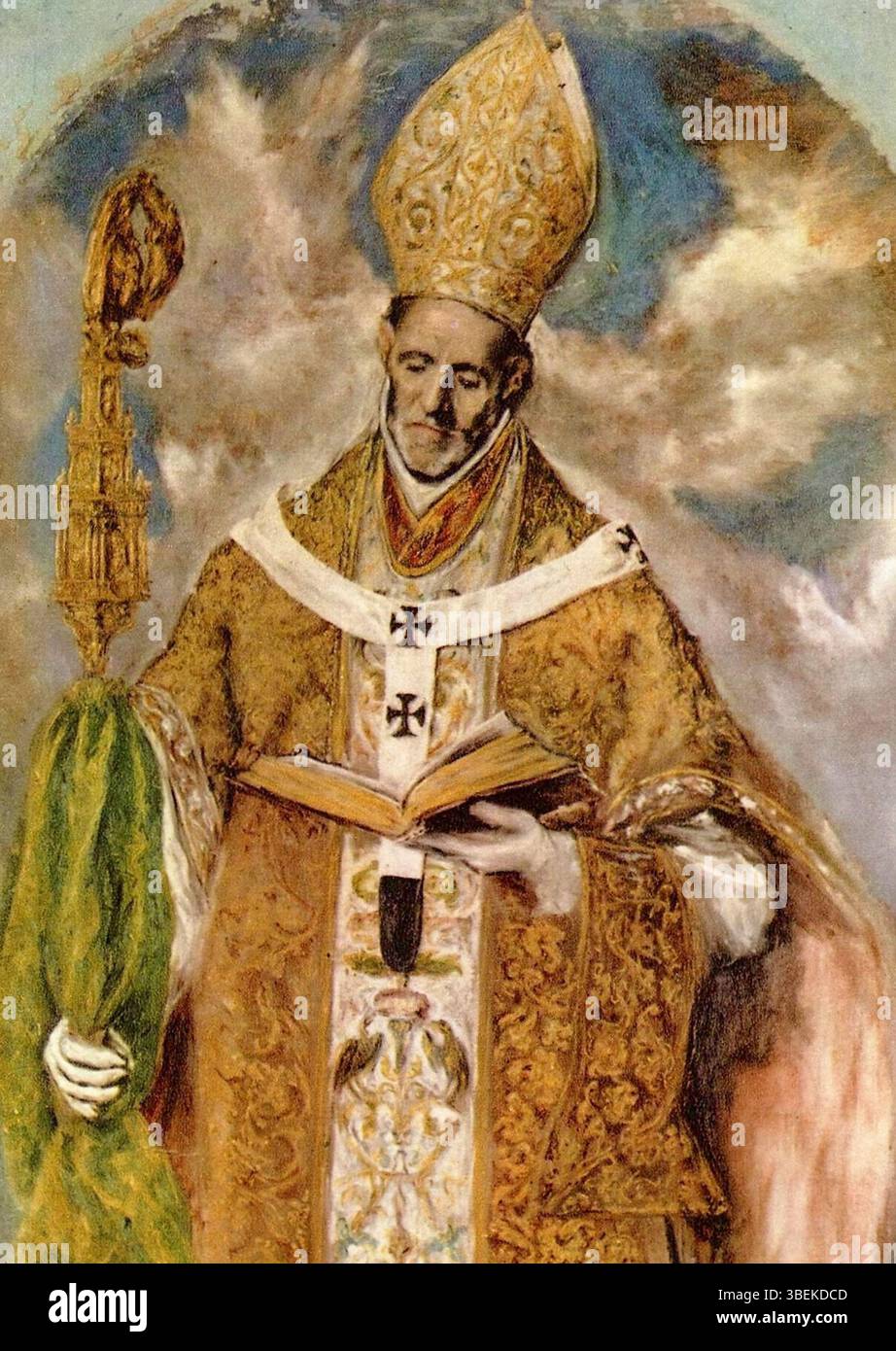 *. Ildefonso*, peint par El Greco entre 1605 et 1610, incarne l’archevêque de Tolède, qui fut aussi le frère d’Isidore de Séville. L'œuvre met en valeur le style distinctif d'El Greco. Banque D'Images