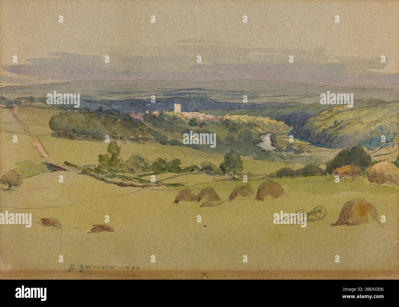 La peinture à l’aquarelle, au graphite et à la gouache de Harold Broadfield Warren représentant la campagne anglaise, achevée le 31 décembre 1890, représente un paysage rural pittoresque avec des vues douces et panoramiques. Mesurant 10 3/16 x 14 13/16 pouces, le tableau fait partie de la collection Morton et Marie Bradley Memorial au Eskenazi Museum of Art, Université de l'Indiana. Banque D'Images La peinture à l’aquarelle, au graphite et à la gouache de Harold Broadfield Warren représentant la campagne anglaise, achevée le 31 décembre 1890, représente un paysage rural pittoresque avec des vues douces et panoramiques. Mesurant 10 3/16 x 14 13/16 pouces, le tableau fait partie de la collection Morton et Marie Bradley Memorial au Eskenazi Museum of Art, Université de l'Indiana. Banque D'Images