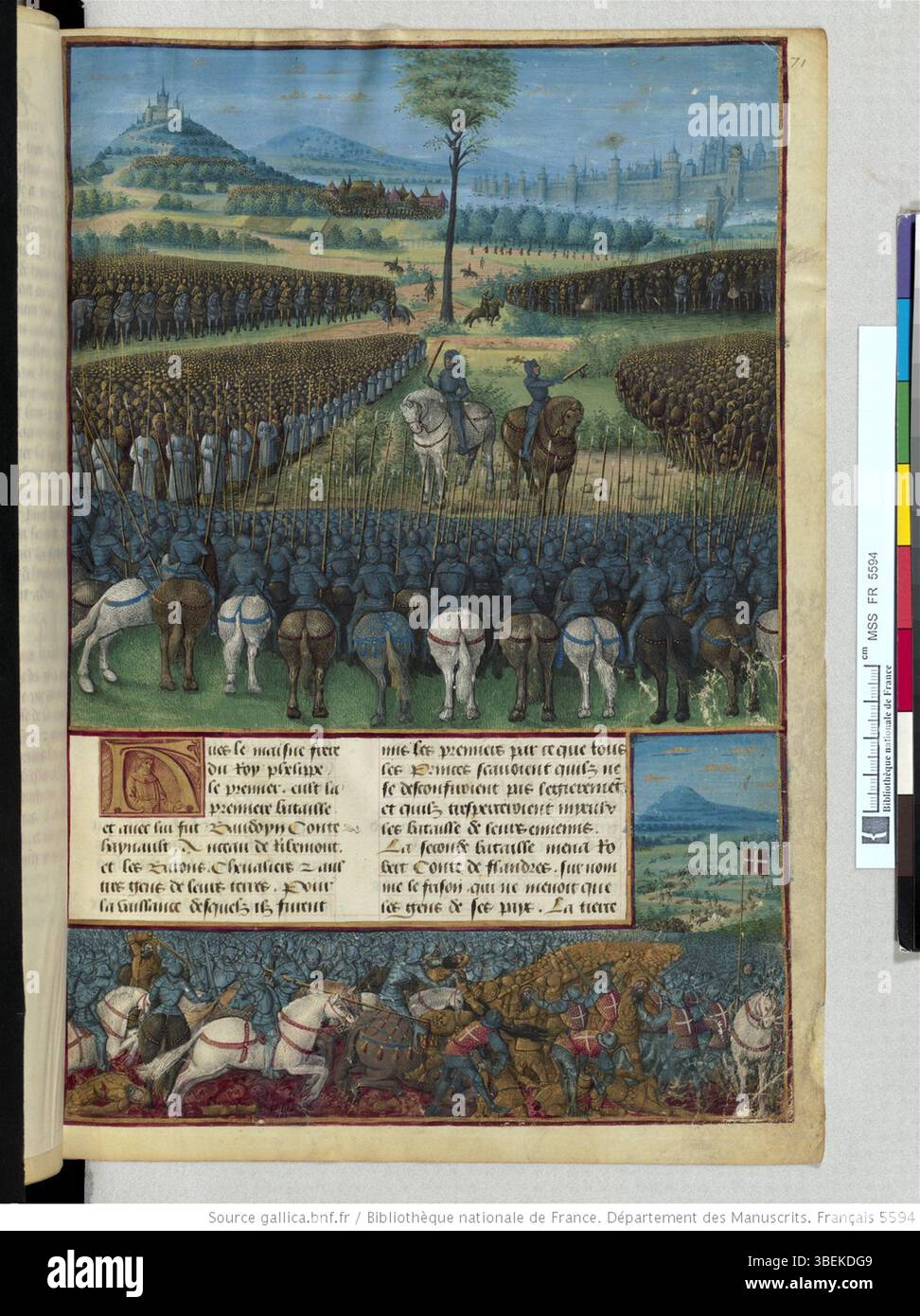 Le folio 71r des *passages faiz oultre mer* de Sébastien Mamerot, daté du 2 janvier 1474, documente les expéditions des croisés dans un manuscrit richement illustré. Banque D'Images