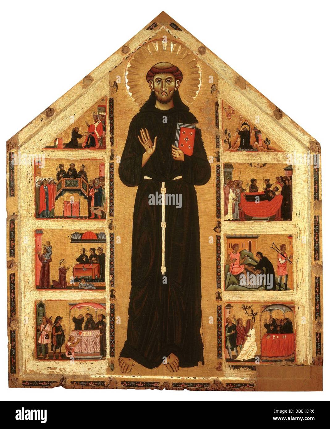 Cette œuvre du maestro della Croce, datant de la première moitié du XIIIe siècle, représente des scènes de la vie de Saint François. L’œuvre, exposée au Museo Civico de Pistoia, en Italie, présente des thèmes religieux à travers des fresques vibrantes. Banque D'Images