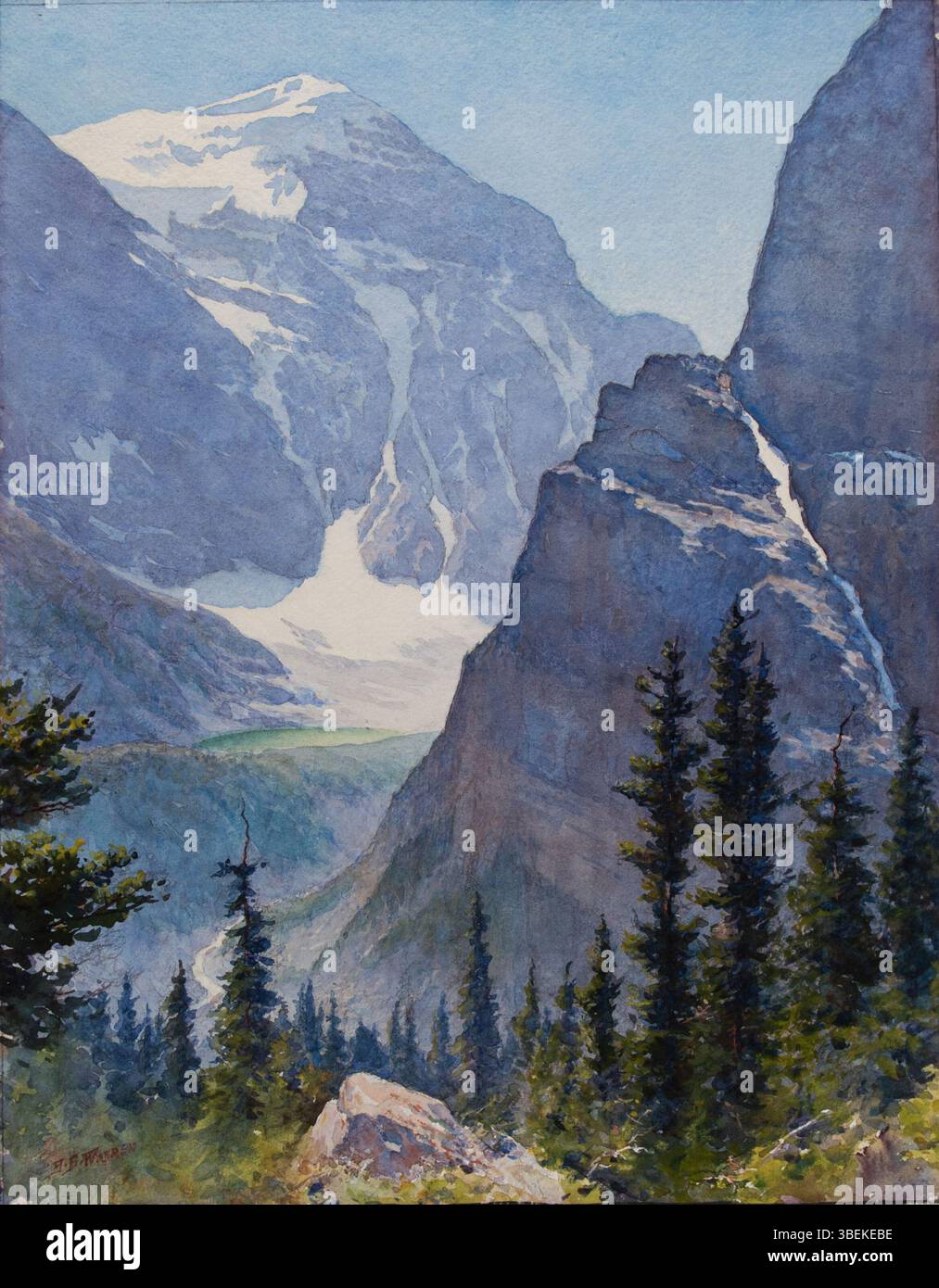 Cette peinture à l’aquarelle et au graphite de Harold Broadfield Warren (1859-1934), réalisée entre 1904-1914, présente une vue lointaine du lac Louise, capturant l’atmosphère sereine du paysage canadien. La pièce, mesurant 18 1/2 x 14 9/16 pouces, fait partie de la Morton and Marie Bradley Memorial Collection au Eskenazi Museum of Art, Indiana University. Banque D'Images Cette peinture à l’aquarelle et au graphite de Harold Broadfield Warren (1859-1934), réalisée entre 1904-1914, présente une vue lointaine du lac Louise, capturant l’atmosphère sereine du paysage canadien. La pièce, mesurant 18 1/2 x 14 9/16 pouces, fait partie de la Morton and Marie Bradley Memorial Collection au Eskenazi Museum of Art, Indiana University. Banque D'Images