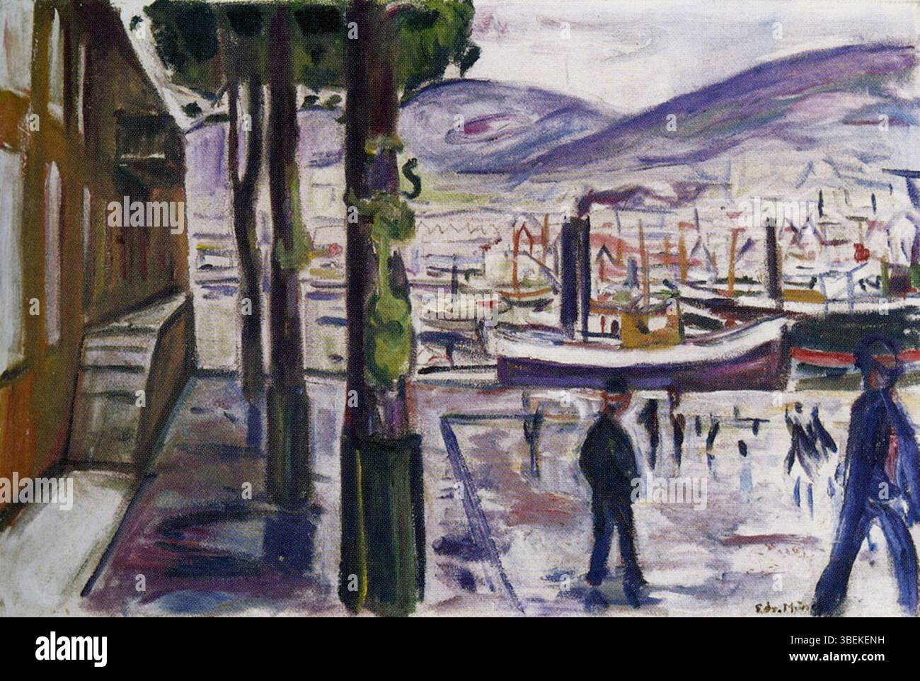 'Bergen Harbour' (1916) d'Edvard Munch dépeint l'atmosphère calme et réfléchie d'un port de Bergen, en Norvège, avec ses couleurs sourdes et son accent sur l'eau et les bateaux, soulignant la capacité de Munch à capturer l'immobilité et la solitude. Banque D'Images