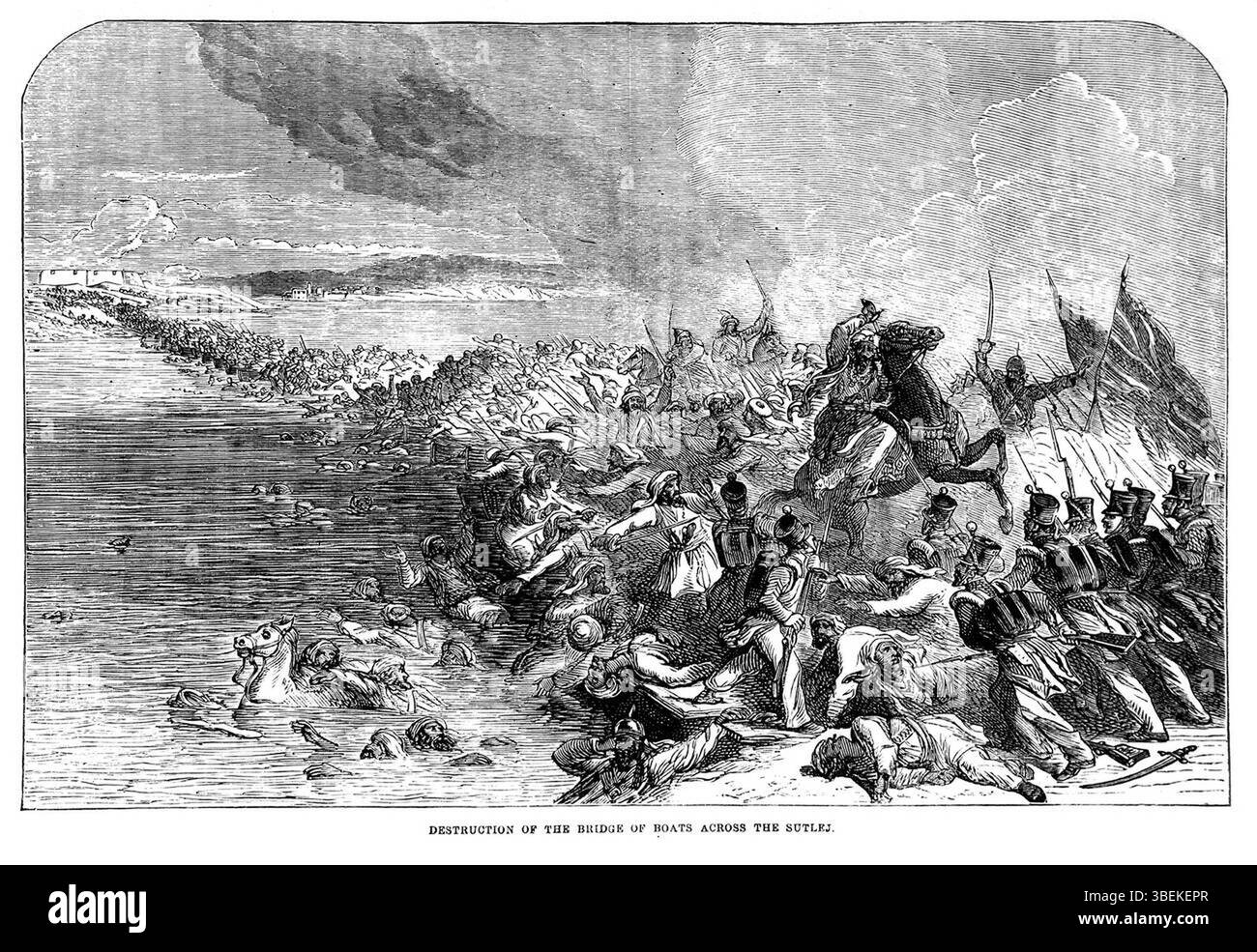 Cette image tirée du *Illustrated London News* montre la destruction du pont flottant sur la rivière Sutlej lors de la bataille de Sobraon en 1846, un conflit clé de la première guerre anglo-sikhe. L'effondrement du pont marque un moment charnière dans la bataille, contribuant à la victoire britannique. Banque D'Images