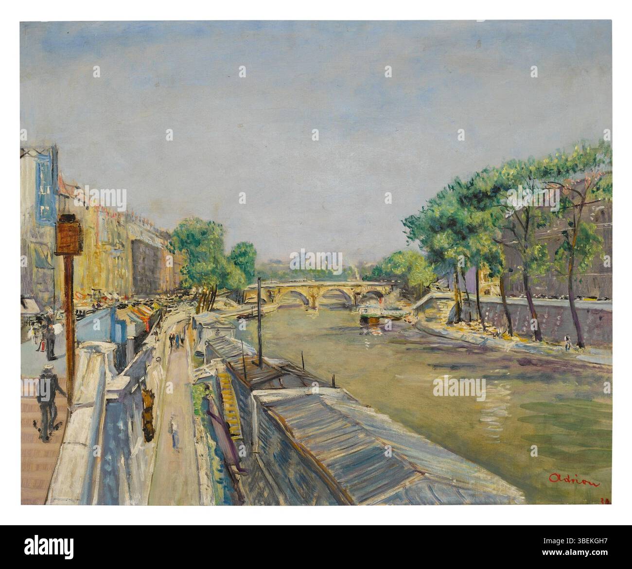 'Pont neuf' de Lucien Adrion présente le pont emblématique parisien dans un style impressionniste et vibrant. Le pinceau de l'artiste capture la vie et le mouvement de la scène, donnant vie au pont. Banque D'Images