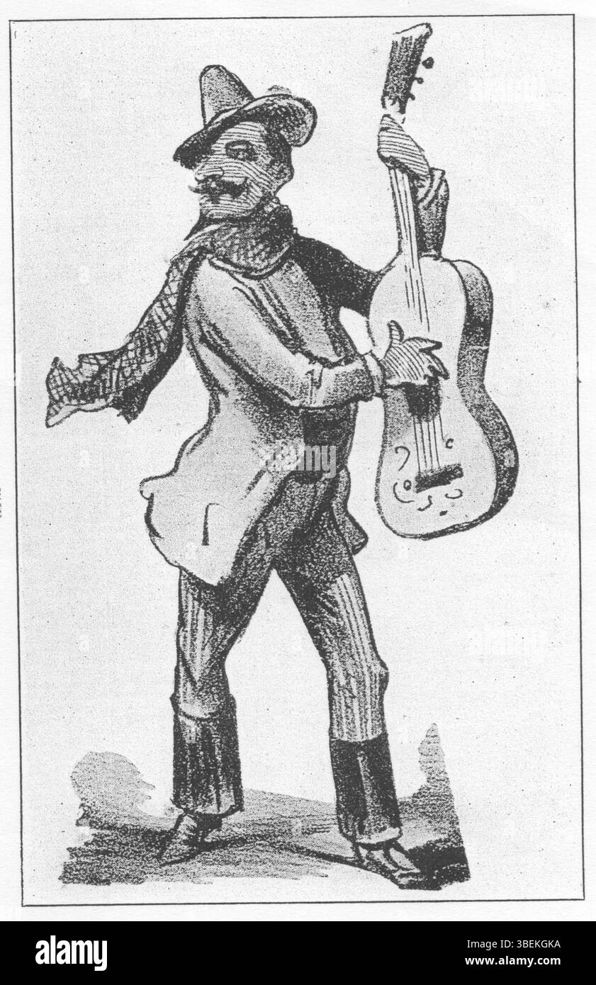 Caricature de 1931 représentant Barbapedana, musicien de rue de Milan. L'œuvre capture avec humour l'essence de cette figure locale populaire, connue pour jouer de la musique dans les rues de Milan. Banque D'Images