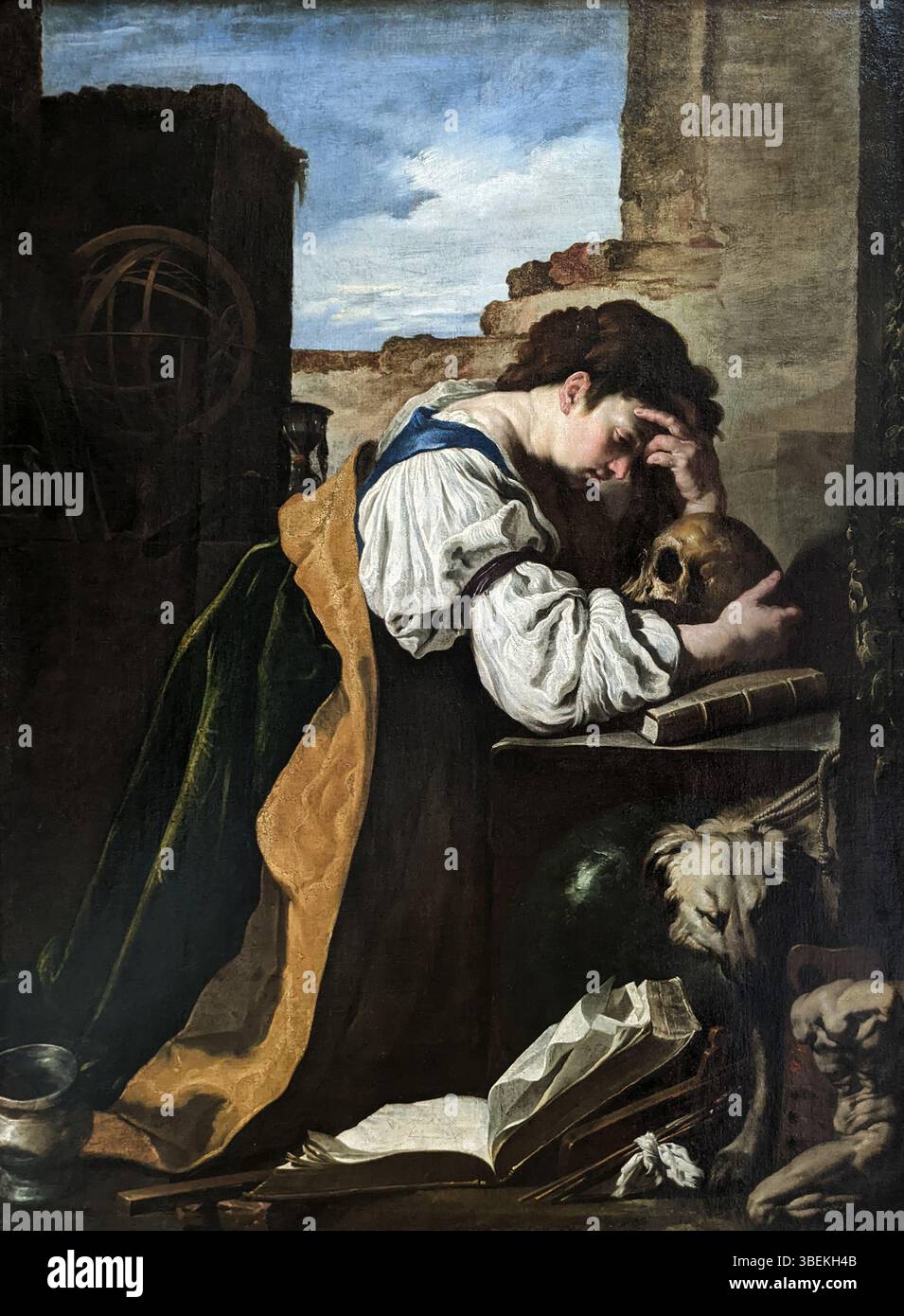 La peinture de Domenico Fetti, "Melancholia", créée entre 1600 et 1623, symbolise l'émotion de tristesse et d'introspection. Le travail de Fetti, avec son utilisation intense de la lumière et de l’ombre, transmet une expression émotionnelle profonde. Banque D'Images