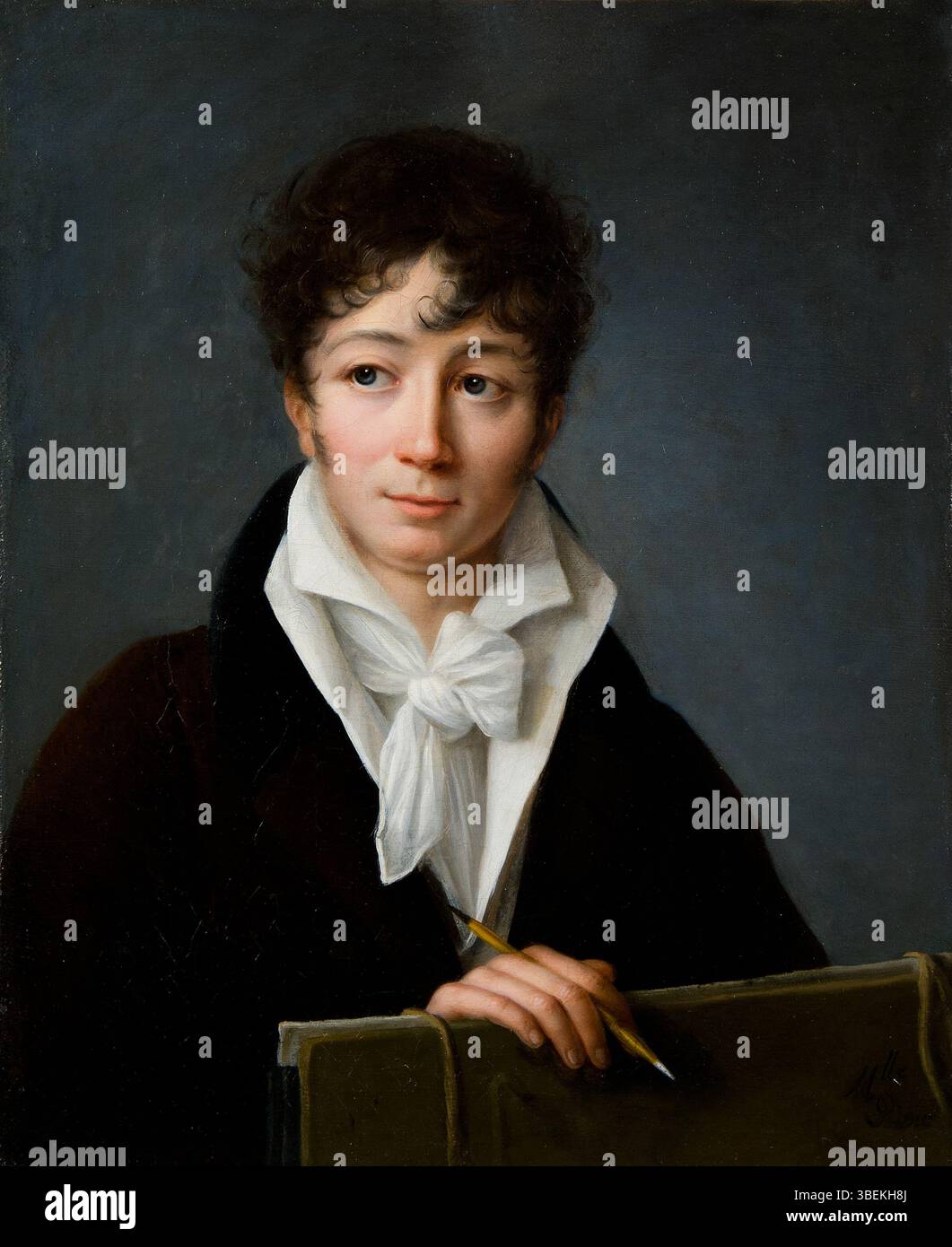 Portrait d'une jeune artiste par Mademoiselle rivière, peint vers 1810. L’artiste détient un portfolio, symbolisant le rôle des artistes au début du XIXe siècle. Cette peinture à l'huile est un exemple de portrait français de l'époque. Banque D'Images