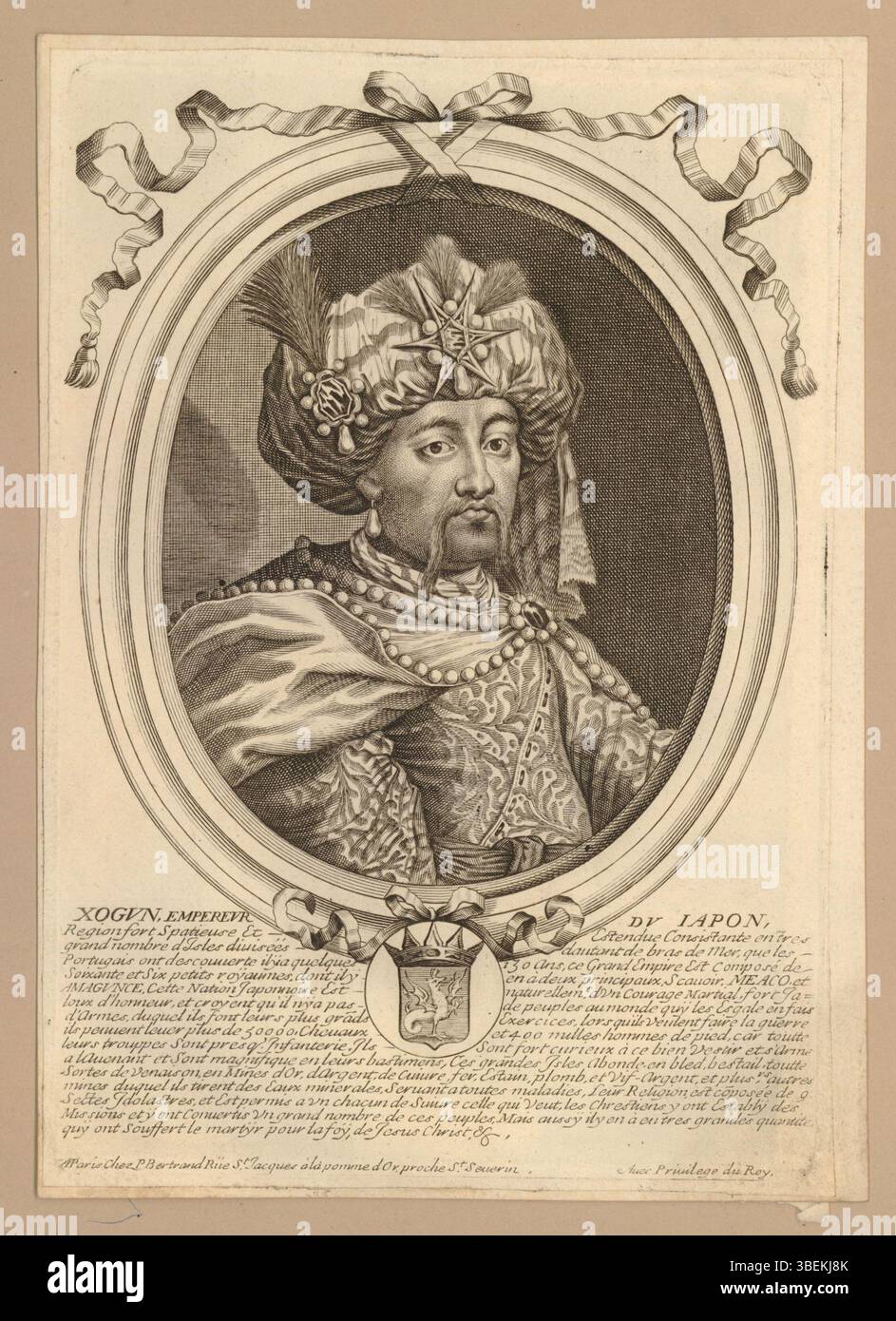 'XOGVN EMPEREVR DV IAPON' (Shogun, Empereur du Japon) de Nicolas de Larmessin, créé au XVIIe siècle, est un portrait d'un Shogun japonais, reflétant la fascination européenne pour le Japon à l'époque d'Edo. Banque D'Images
