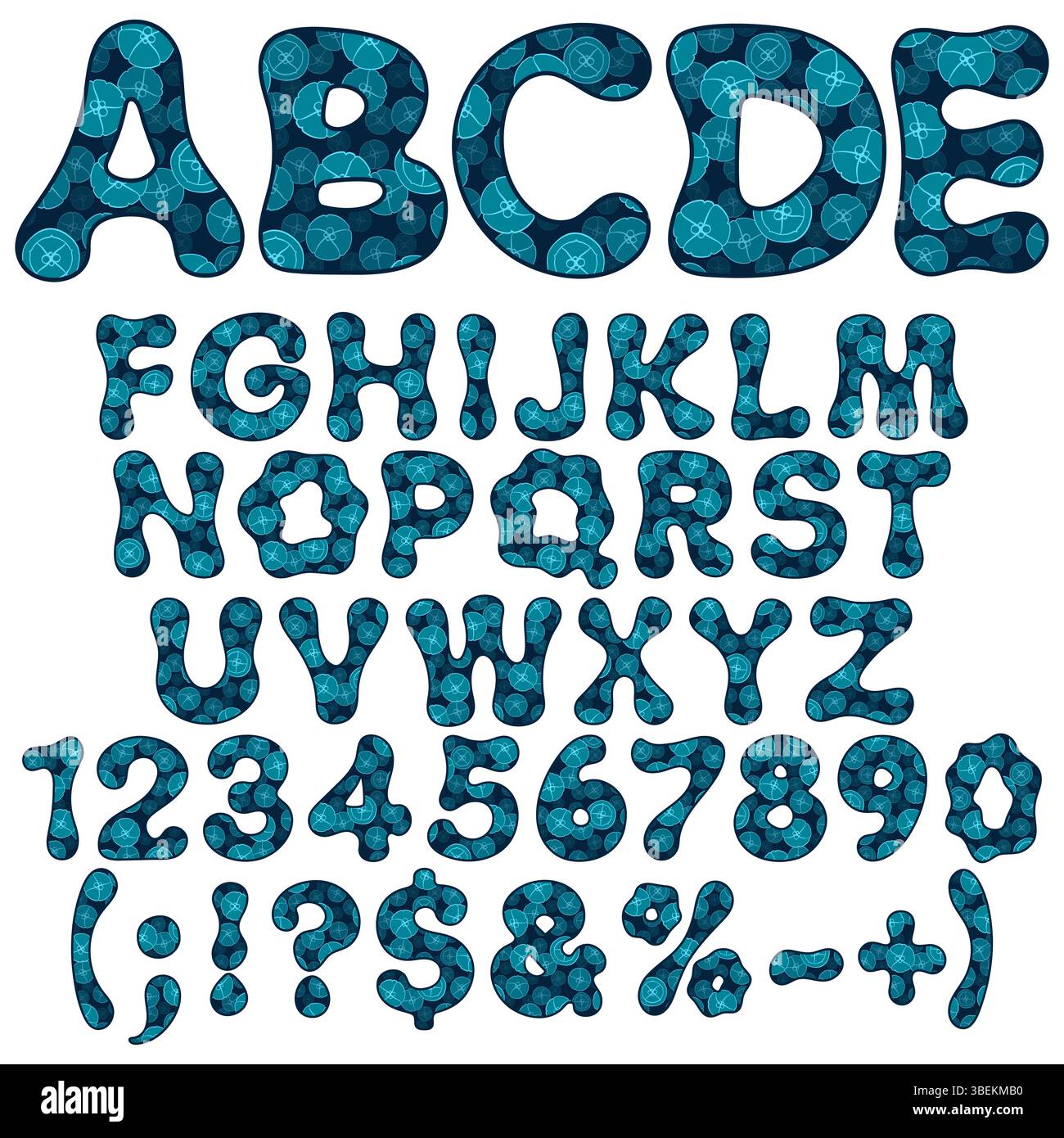 Police, alphabet, lettre, nombre avec méduses. Objets vectoriels isolés sur fond blanc. Illustration de Vecteur