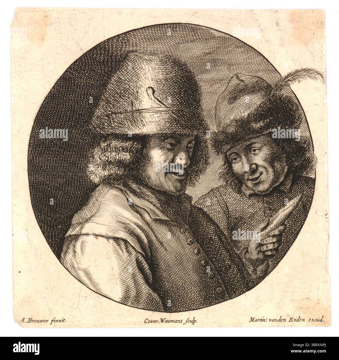 Cette gravure de Coenraet Waumans, d'après Adrian Brouwer, représente deux paysans chantant. L'œuvre, créée entre 1630 et 1645, met en lumière la représentation vivante et souvent humoristique de la vie rurale au XVIIe siècle, mettant en valeur l'influence de Brouwer sur les scènes de genre. Banque D'Images