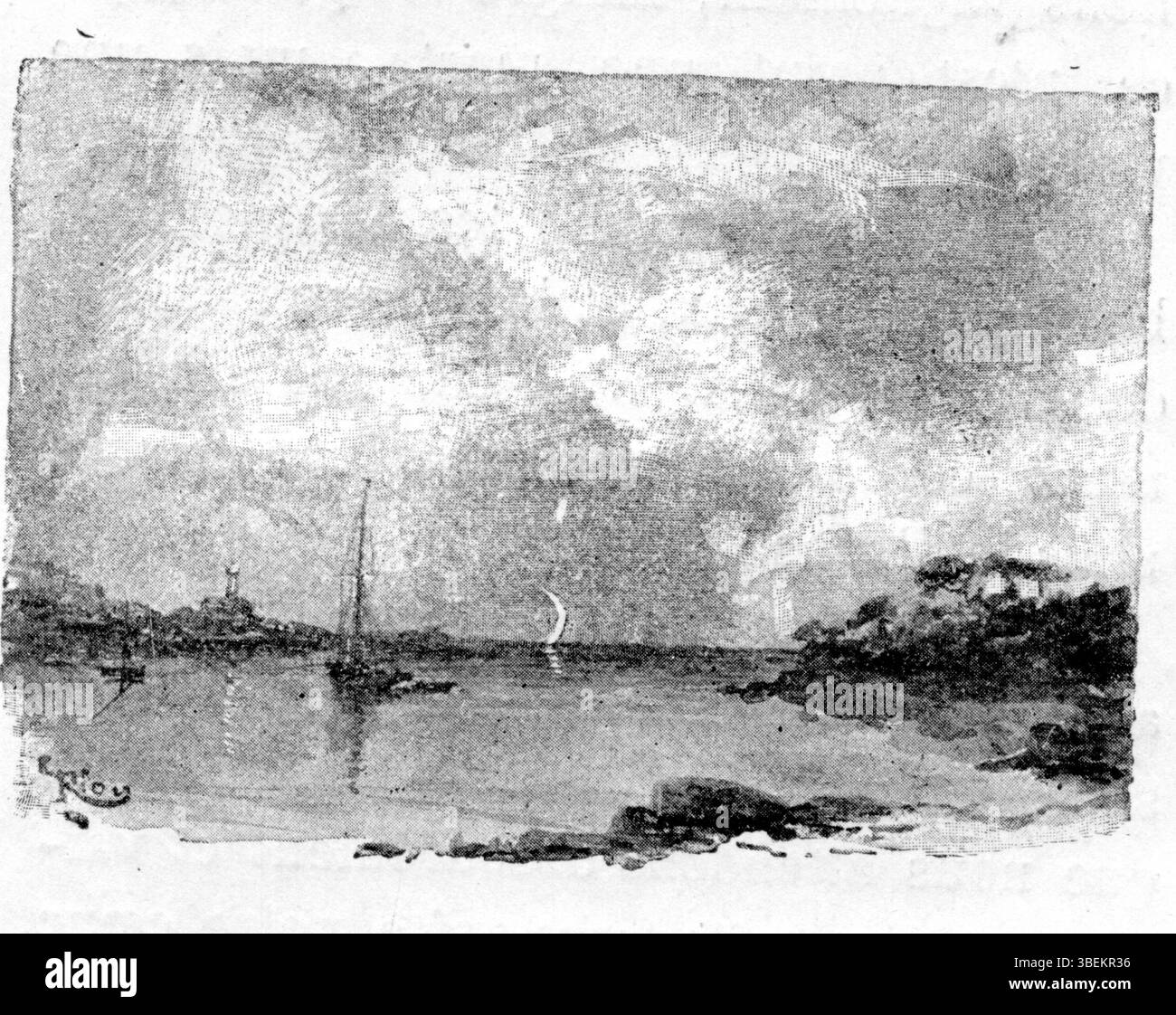 Cette illustration tirée de *sur l'eau* (1888) d'Édouard Riou met l'accent sur le calme de l'eau. Le dessin de Riou reflète la paix et l’immobilité du récit de Maupassant, capturant l’équilibre délicat entre la nature et l’expérience humaine. Banque D'Images