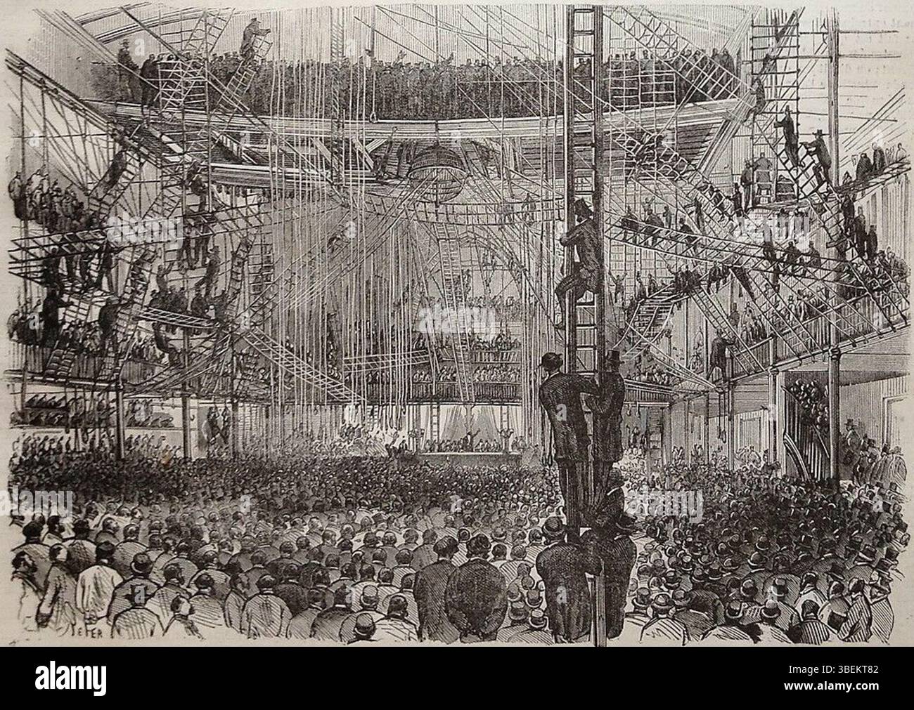 L’œuvre de Jules Férat de 1869 représente une Assemblée électorale tenue au gymnase Triat à Paris, mettant en valeur l’événement politique et les candidats impliqués, Thiers et d’Alton-Shée. Banque D'Images