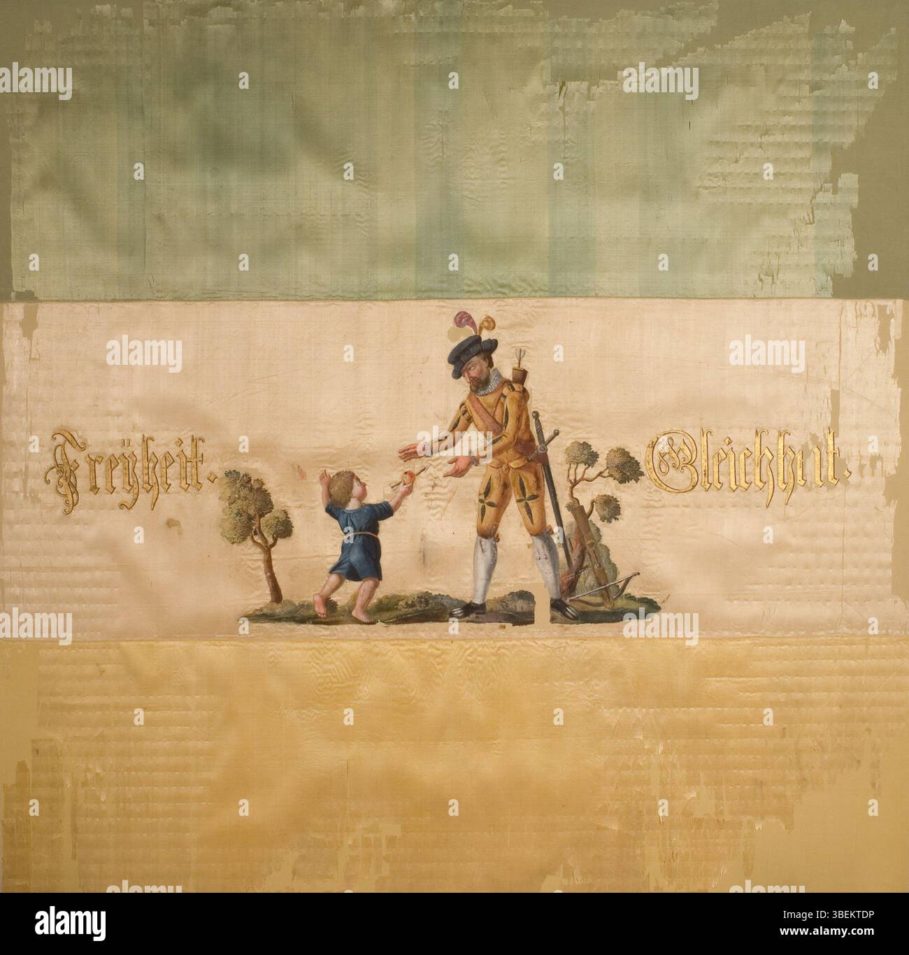 Le Trikolore der Helvetischen Republik (tricolore de la République helvétique) de 1799 présente l'emblème de Wilhelm Tell et de son fils. Le drapeau, fait de soie peinte, mesure 1,8 x 1,8 mètres et était un cadeau de Heinrich Zschokke au district de Stans, en Suisse. Ce symbole de liberté et d'égalité est associé à la relation de la région suisse avec la République helvétique à la fin du XVIIIe siècle. Banque D'Images
