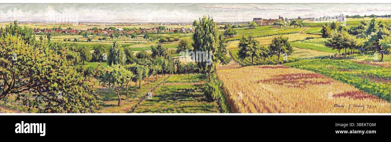 *Auxy* de Gustave Cariot (1944) reflète le style post-impressionniste, capturant un paysage rural français avec des couleurs vibrantes et la technique du coup de pinceau. Banque D'Images