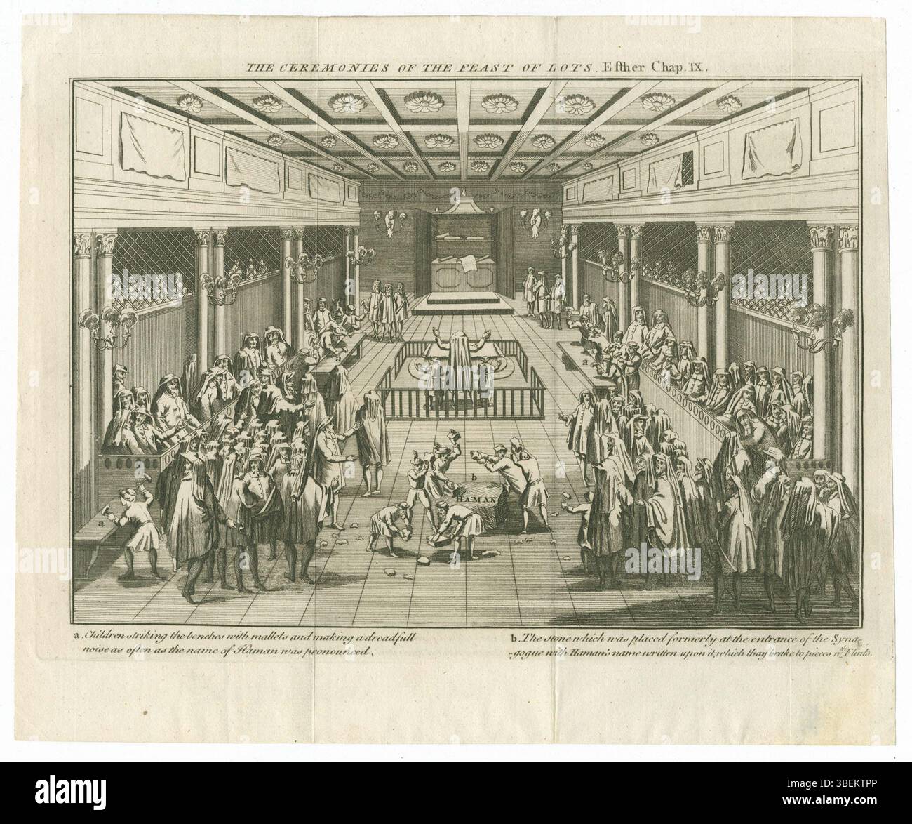 Cette gravure en noir et blanc de 1764 représente l'intérieur d'une synagogue lors de la célébration de Pourim. Il capture la participation de la communauté à cet important festival juif, connu pour la lecture du Livre d'Esther et le casting des lots, comme décrit dans l'histoire biblique. Banque D'Images