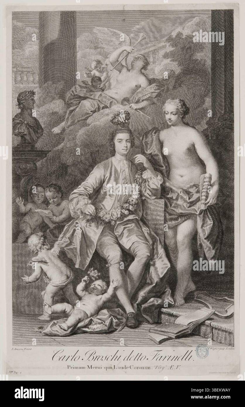Cette gravure représente Carlo Broschi, connu sous le nom de Farinelli, basé sur une peinture de Jacopo Amigoni. Il a été créé par Joseph Wagner vers 1736 et est logé dans la Biblioteca Nacional de España, Madrid. L'impression est une combinaison de gravure et de gravure, mesurant 544 x 340 mm. Banque D'Images