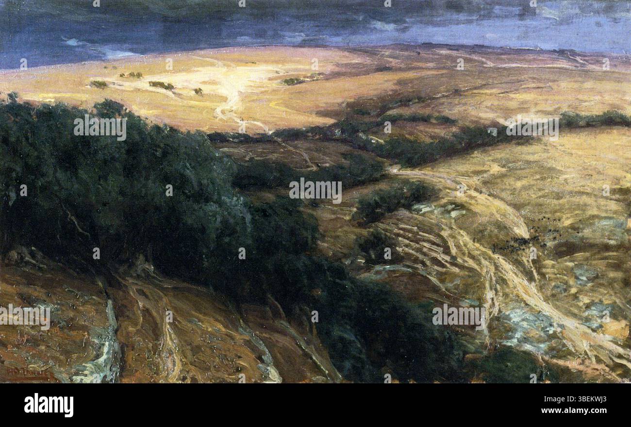 Ce tableau, créé par Henry Ossawa Tanner entre 1897 et 1899, capture une scène de Palestine, où Tanner s’est rendu lors de deux voyages. Le travail de Tanner pendant cette période est connu pour ses représentations vives des paysages et de la vie locale. Cette pièce illustre son style de combinaison d'éclairage atmosphérique et de thèmes religieux dans ses représentations du moyen-Orient. Banque D'Images