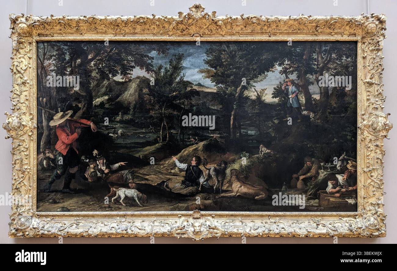 'La chasse', peinte vers 1585 par Annibale Carracci, représente une scène de chasse, incarnant l'accent de l'artiste sur des compositions dynamiques et des figures humaines dans la nature, caractéristiques du baroque multiples Banque D'Images