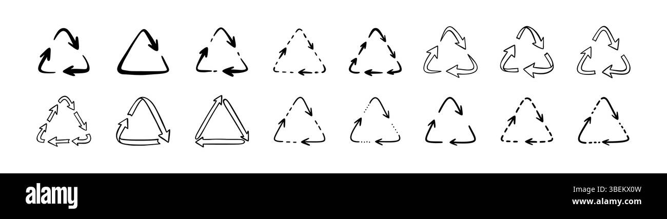 Ensemble de symbole en plastique de recyclage d'écriture manuscrite de doodle. Icône signe de pp, PET, hdpe, ldpe, pvc. Élément de conception de concepts écologiques. Filer, tourner, cir Illustration de Vecteur