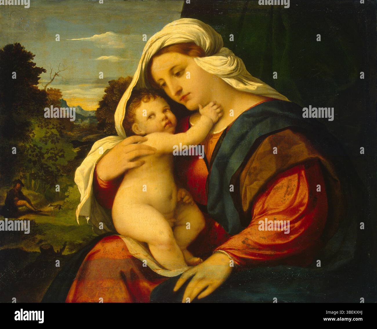 *Madone and Child* de Palma Vecchio, créé entre 1515 et 1516, est un exemple classique de religion Renaissance La peinture représente la Vierge Marie et l'enfant Christ, avec une attention particulière aux expressions des personnages et une atmosphère sereine et sacrée. Banque D'Images