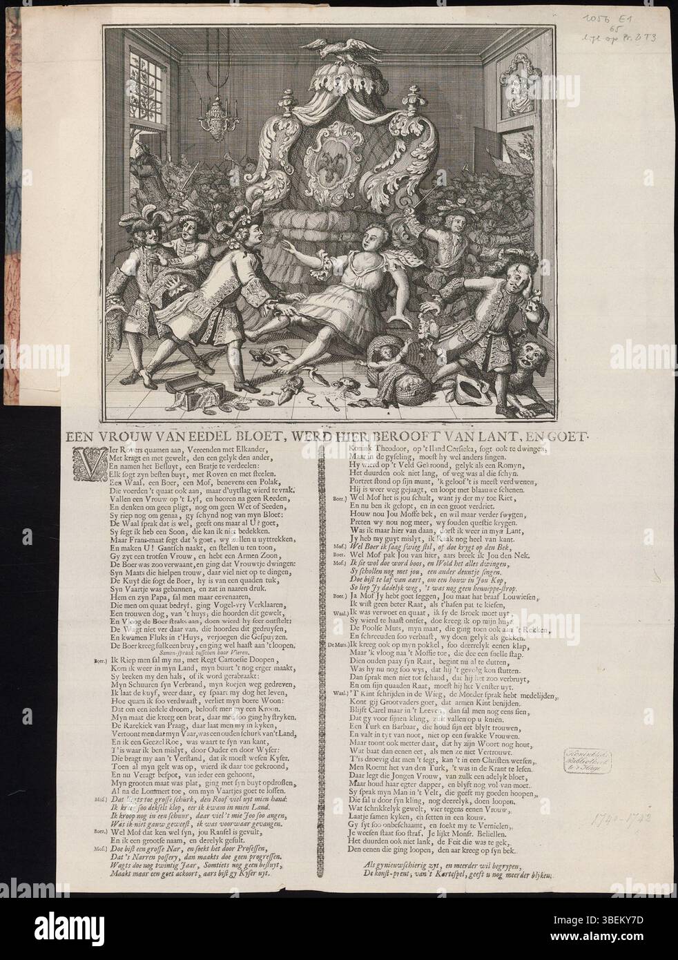 Cette estampe satirique, datée d'environ 1742, représente les tentatives de la France, de la Bavière, de la Prusse et de l'électeur de Saxe, en tant que roi de Pologne, de dépouiller l'Autriche de ses territoires. L'estampe comprend une explication poétique, montrant les luttes géopolitiques complexes en Europe au cours du XVIIIe siècle. Banque D'Images