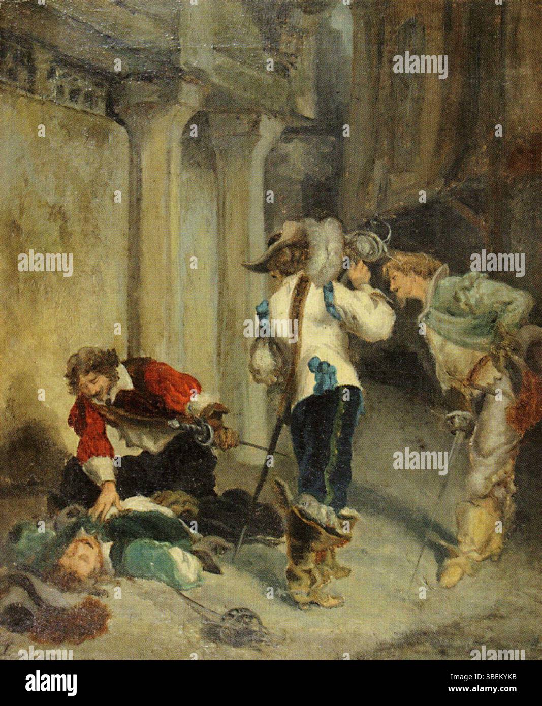 *Les mousquetaires* de James Ensor (1860–1949) présente un groupe de personnages inspirés par les légendaires épées de la littérature et de l'histoire. Le style expressionniste d’Ensor donne à la peinture un sentiment de mouvement et de drame, renforçant la signification historique et culturelle des personnages. Banque D'Images