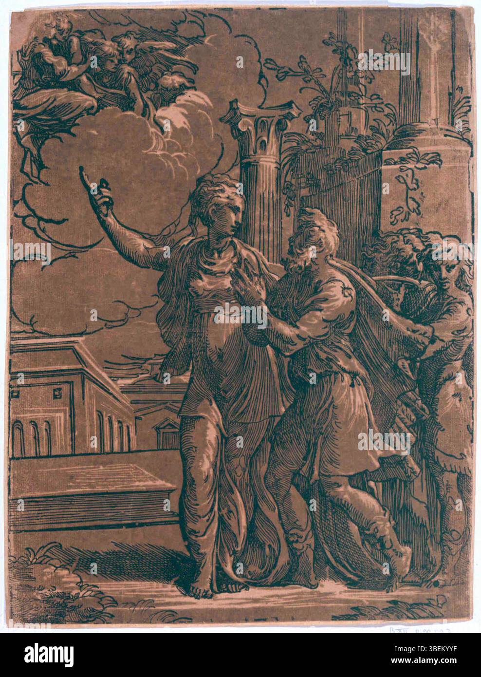 Un imprimé d'Antonio da Trento, mettant en vedette Auguste et le Tiburtin Sibyl, mêlant mythologie classique et style artistique de la Renaissance. Banque D'Images