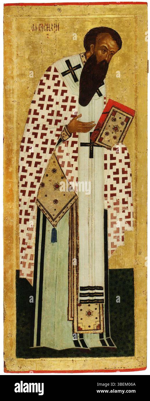 L'icône du « basilic » de l'iconostase Kirillo-Belozersky, peinte par un peintre d'icônes russe anonyme vers 1497, représente Saint Basile, une figure chrétienne vénérée. L'icône est typique de l'art religieux orthodoxe russe, reflétant l'influence artistique byzantine de l'époque. Banque D'Images