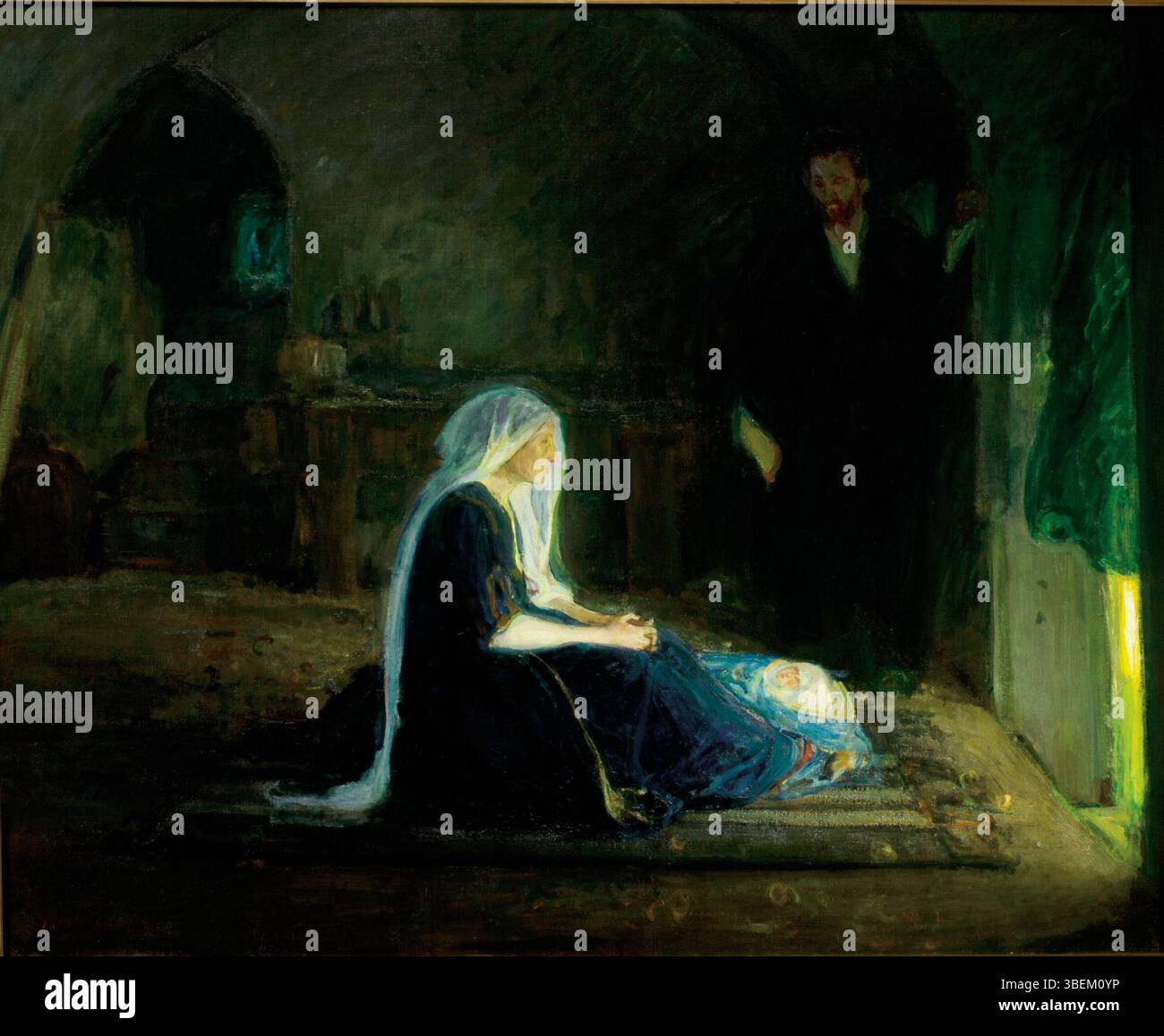 Le tableau « la Sainte famille » de Henry Ossawa Tanner (1859-1937) représente la Vierge Marie, Joseph et l'enfant Jésus, capturant un moment tendre et intime. Achevé vers 1910, l’utilisation de la lumière et de l’ombre par Tanner renforce la nature sereine et spirituelle de la scène, mettant en valeur sa maîtrise des sujets religieux. La peinture reflète le style de Tanner qui mêle réalisme et profondeur émotionnelle. Banque D'Images