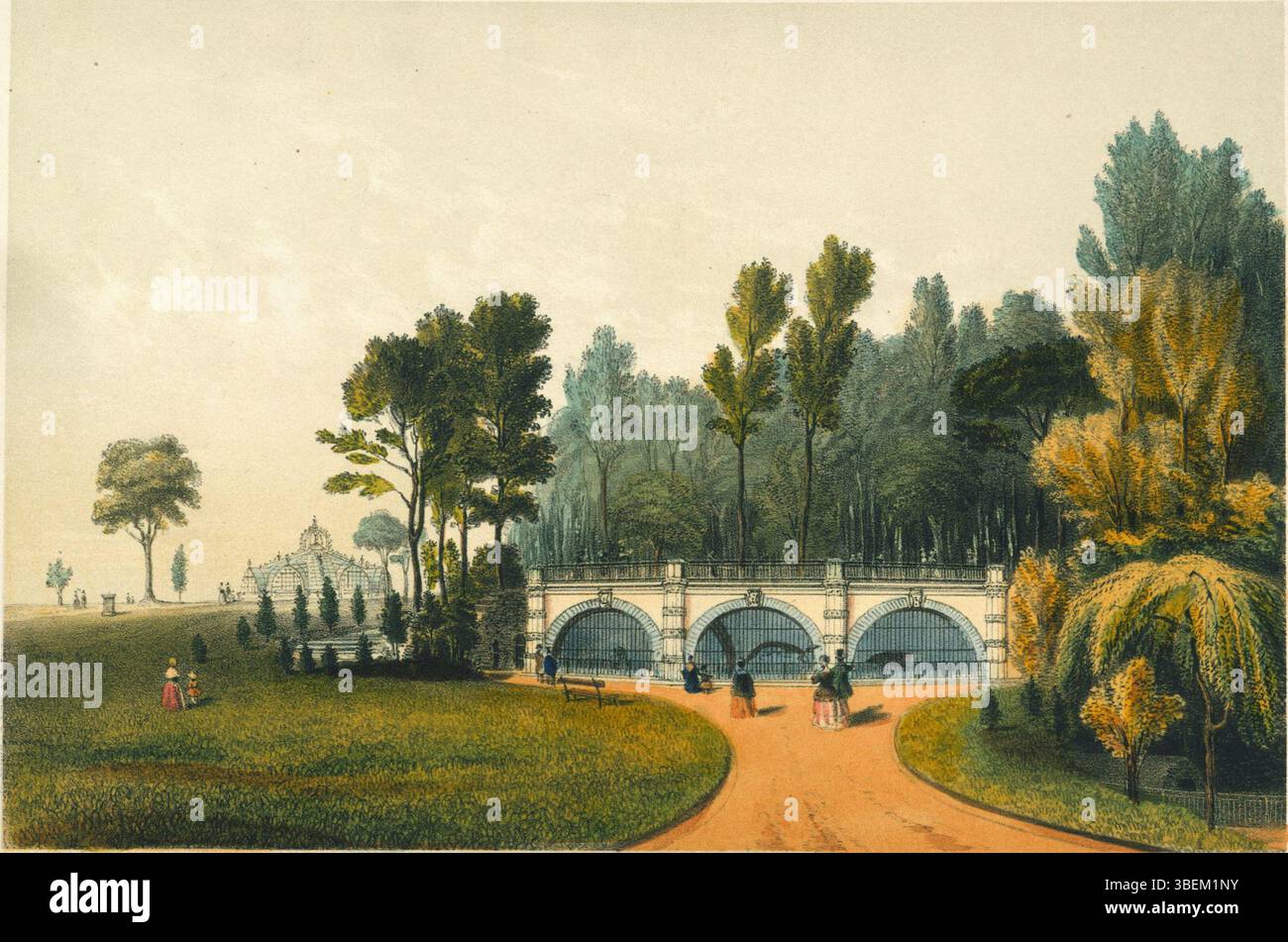 Lithographie de 1856 d'Adrien Canelle représentant la fosse à ours au jardin zoologique de Bruxelles, faisant partie d'une série de vues clés du site. Banque D'Images