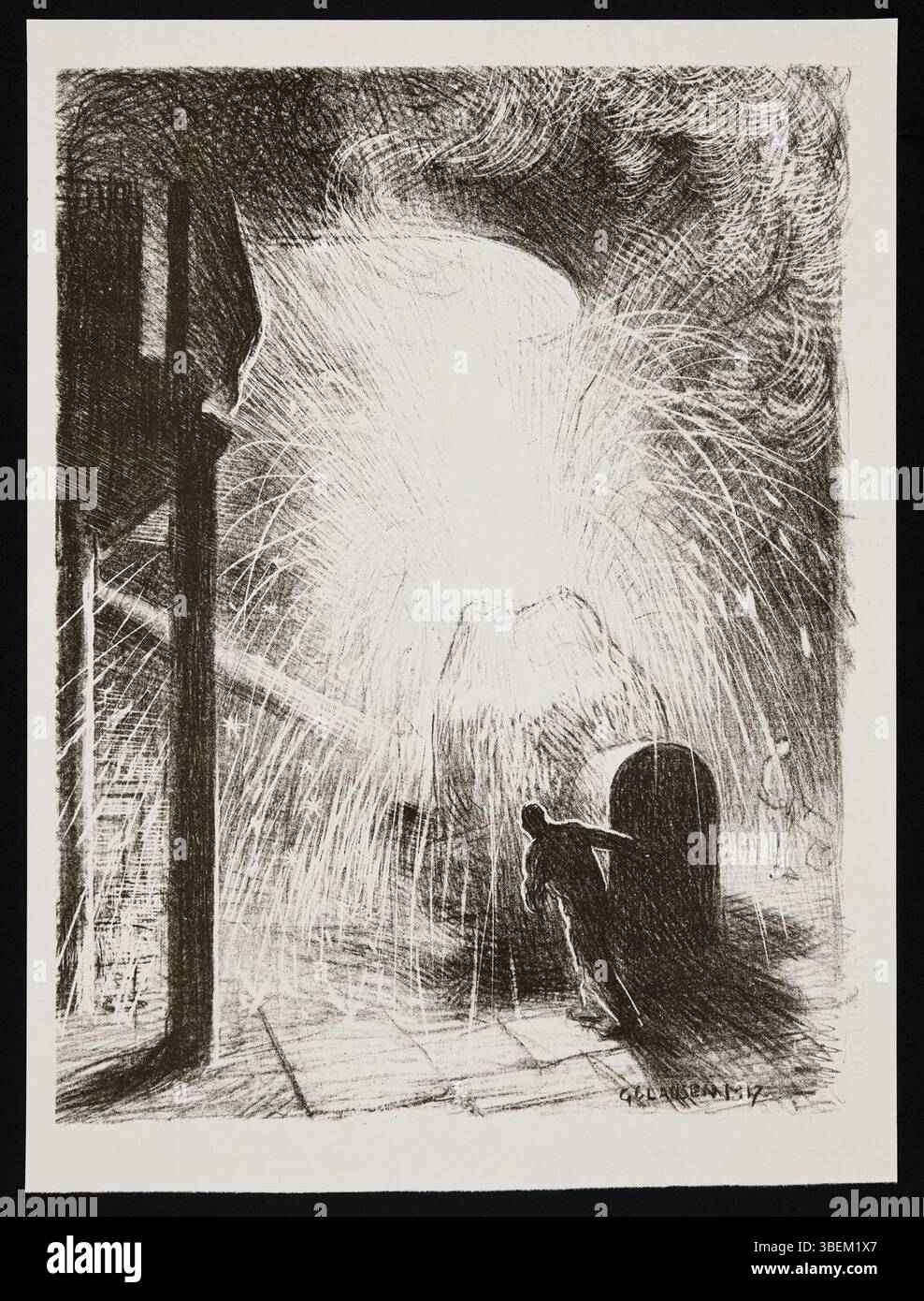 Une lithographie de George Clausen, intitulée 'The Furnace', créée en 1917, illustre la fabrication d'armes britanniques pendant la première Guerre mondiale. Elle capture les processus industriels de la production en temps de guerre. Banque D'Images