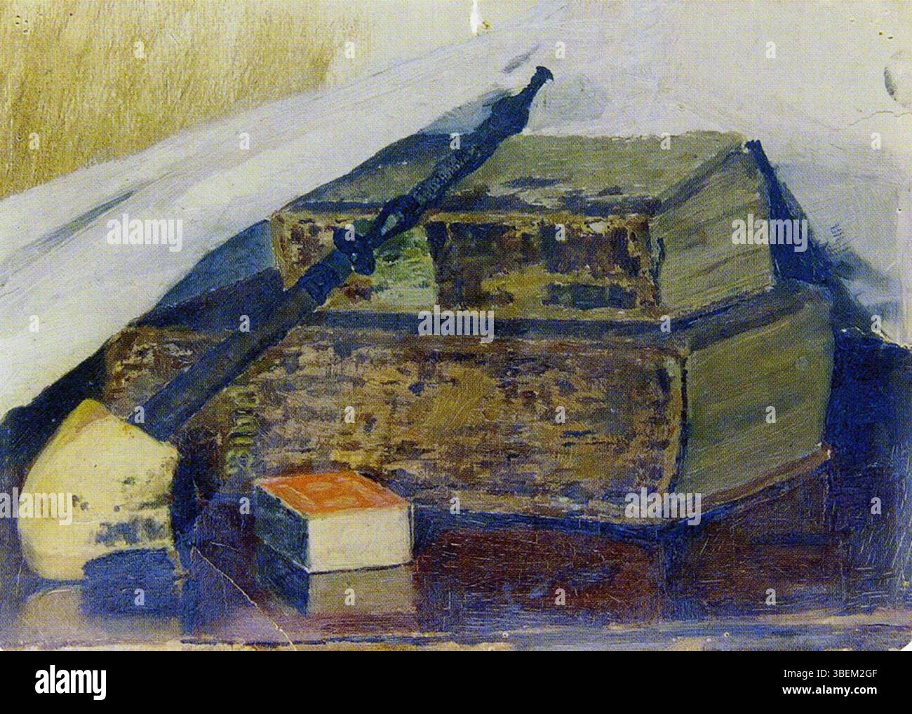 Peinture de nature morte d'Edvard Munch de 1880 représentant une pipe et de multiples bibles disposées sur une surface plane. Banque D'Images