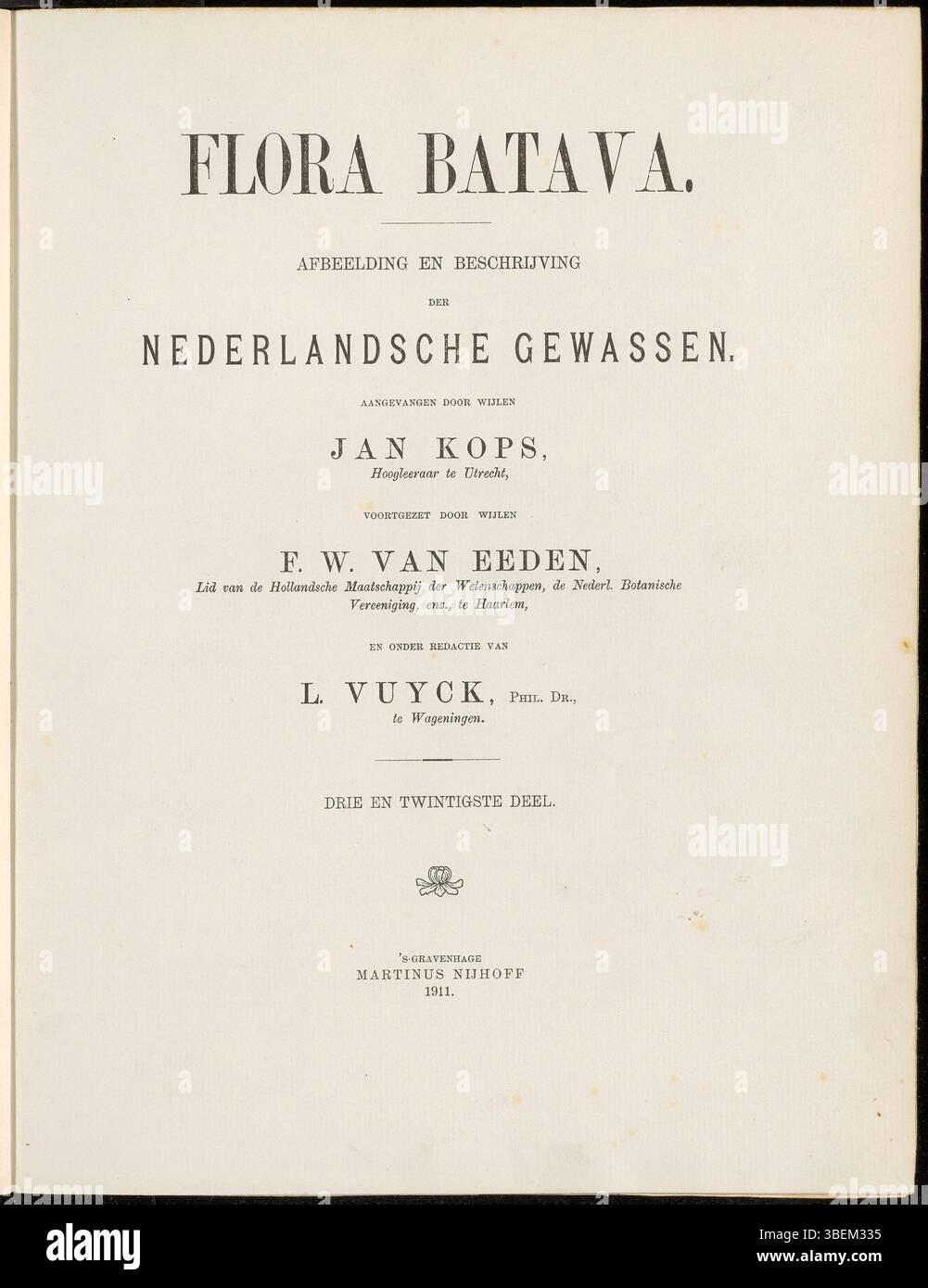 La page de titre de *Flora Batava* volume 23 (1911), créée par Laurens Vuyck, présente des illustrations botaniques détaillées de la flore hollandaise. Il reste une ressource botanique importante pour l'étude et l'identification des plantes des pays-Bas. Banque D'Images