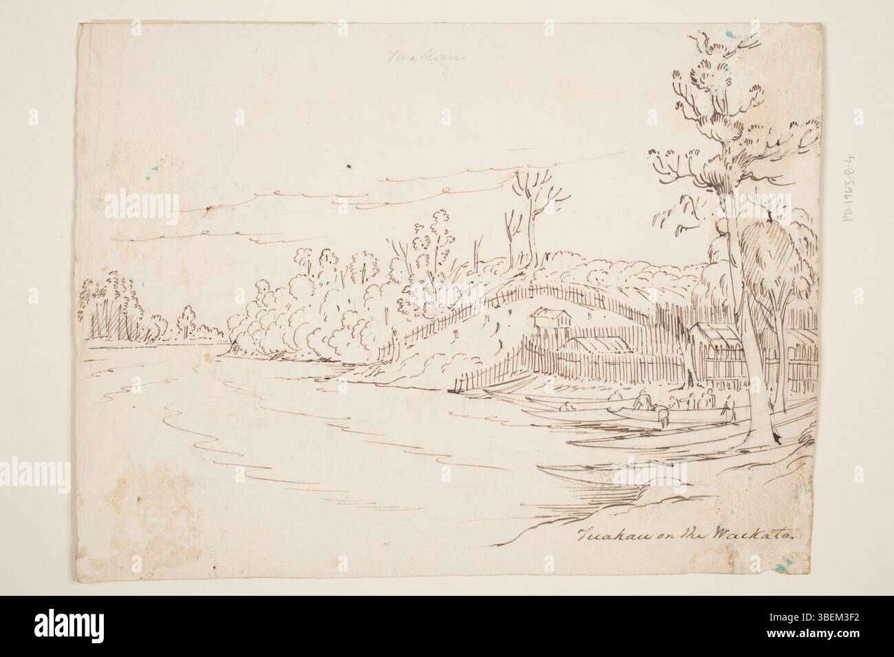 Ce dessin à la plume et au lavoir du XIXe siècle réalisé par John Johnson représente Tuakau, une colonie sur la rivière Waikato. Créé entre 1794 et 1848, il fait partie de la collection de peintures et dessins du musée d'Auckland. Dimensions : 19,5 x 26 cm. Banque D'Images