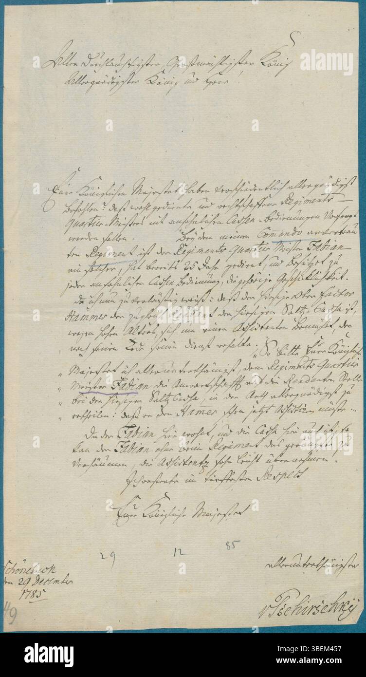 Une lettre écrite par le colonel Karl von Tschirschky au roi Frédéric II de Prusse en 1785, discutant d'un poste sensible dans son régiment, présentant la correspondance militaire de l'époque. Banque D'Images
