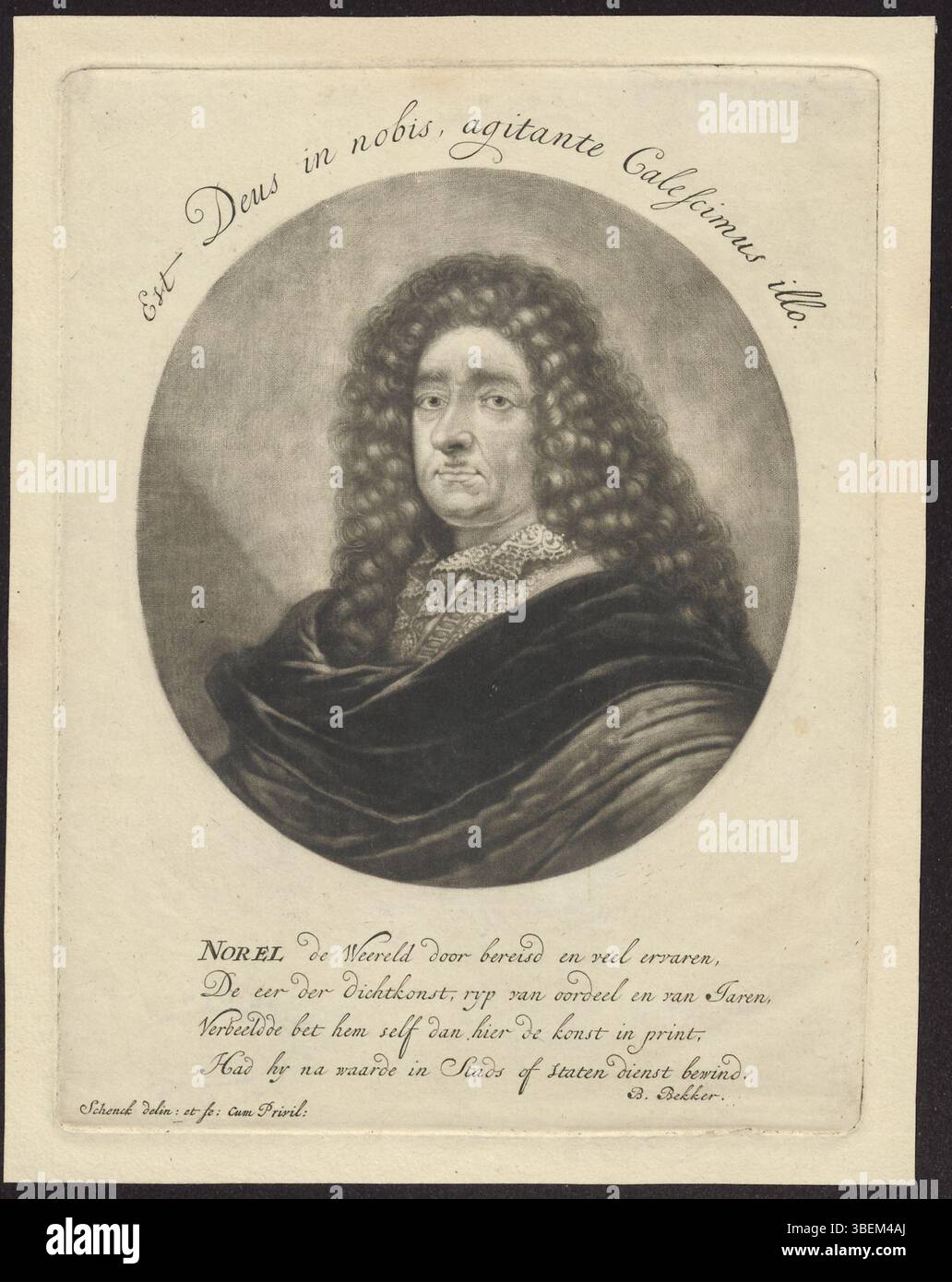 Gravure de Jan Norel, poète hollandais, créée par Pieter Schenk, avec vers hollandais de B. Bekker inclus sous l'image. Banque D'Images